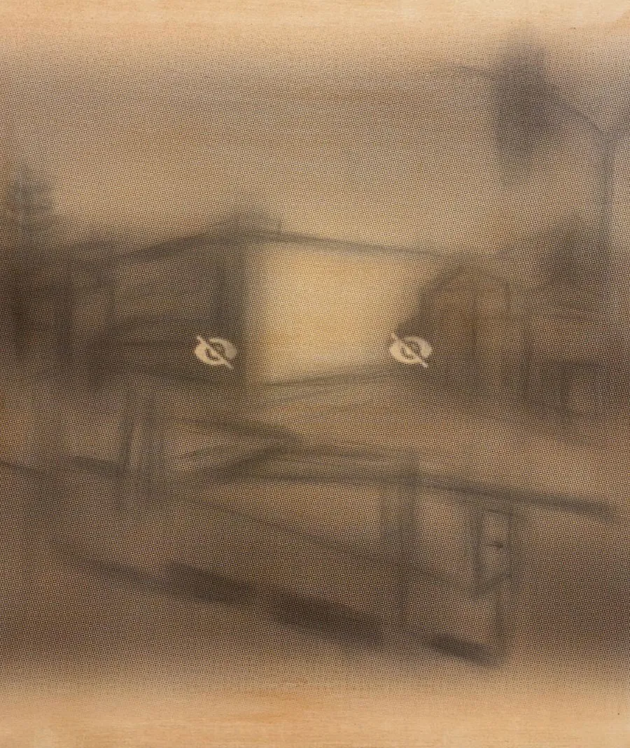 Blurred sepia-toned painting depicting a faint architectural structure with two “no eye” icons.