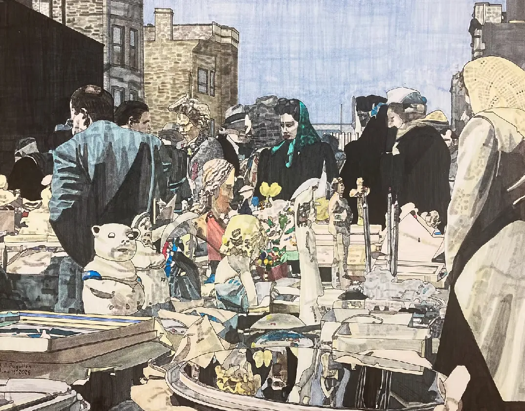 Detailed drawing of a crowded flea market scene with figures, objects, and bric-a-brac, including a polar bear figurine and mannequins.