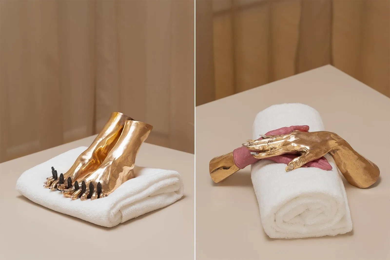 Left: golden feet rest on a folded towel, with small, rounded spikes in between. Right: one pink and one gold-plated hand clasp on top of a rolled towel. The gold hand's fingernails are painted.