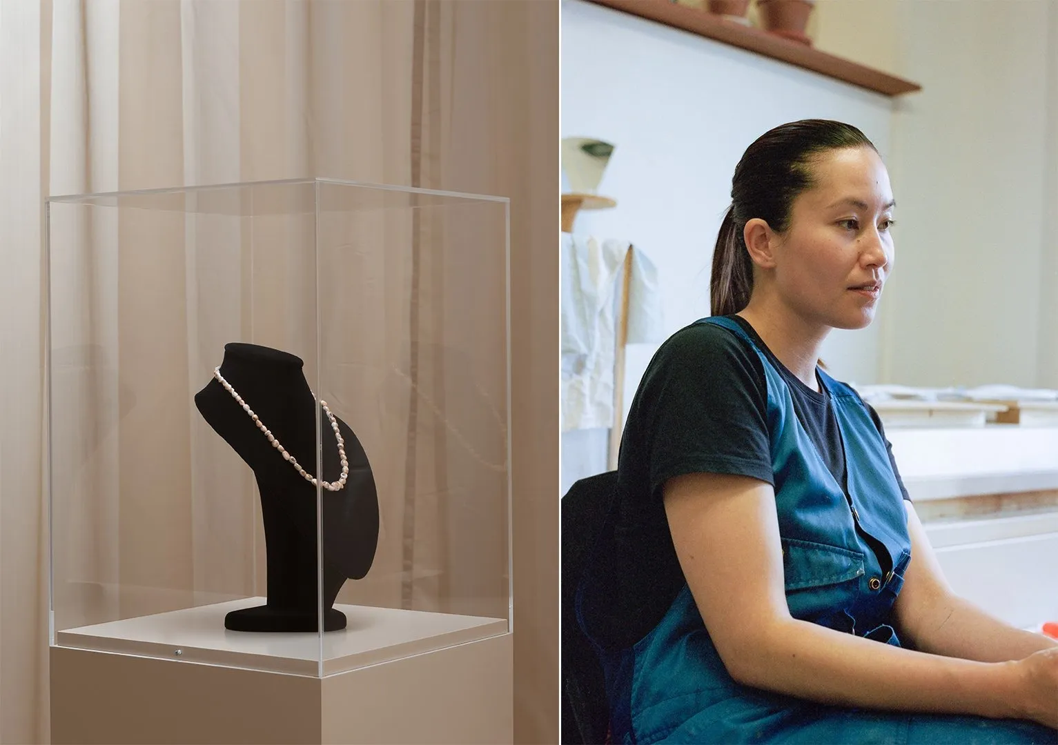 Left: black mannequin bust in a vitrine wears a necklace. Right: a woman in three-fourths profile sits in a chair and looks off to the right of the camera. She wears a blue denim jumpsuit and a dark t-shirt.