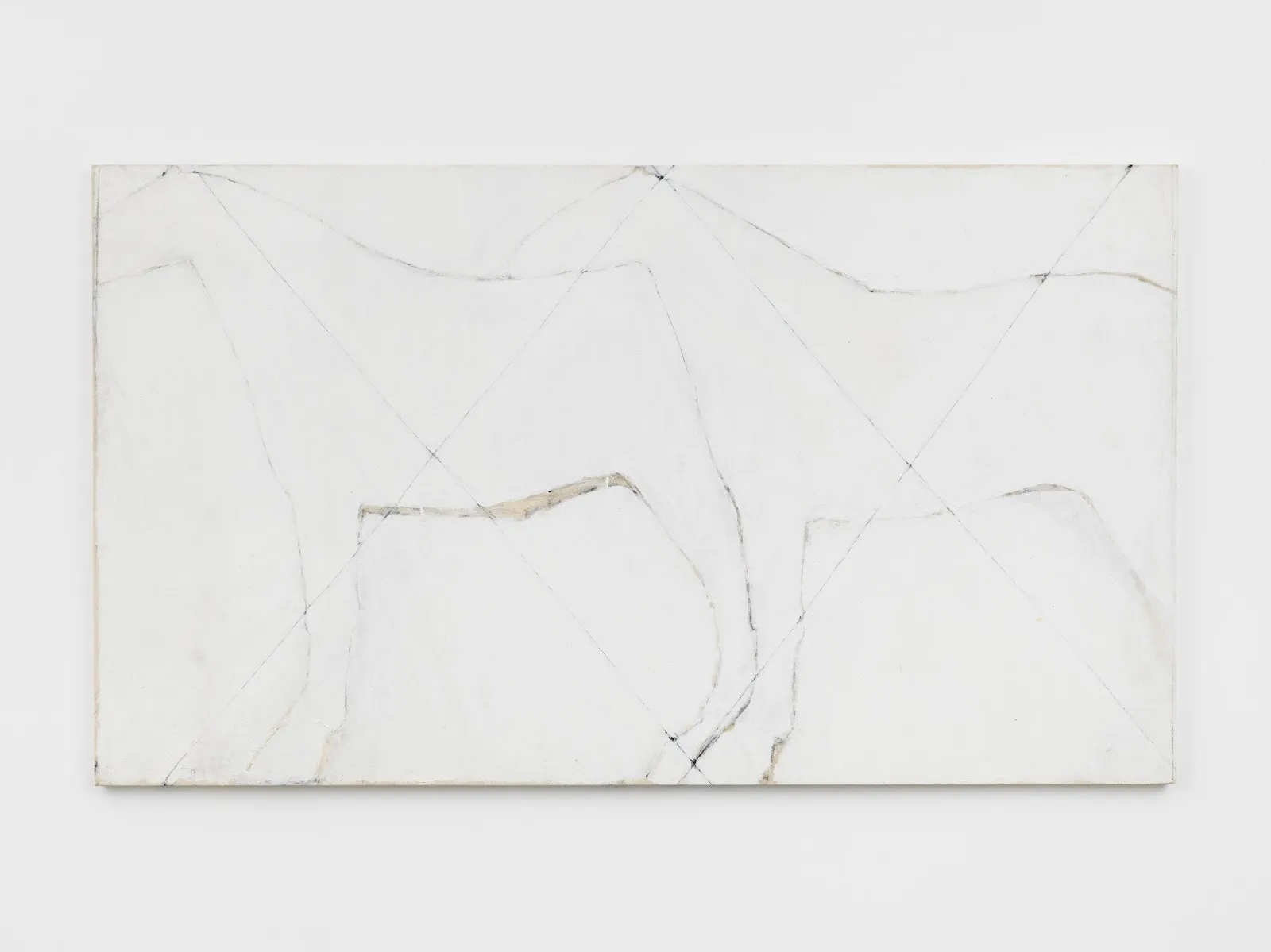 A large, white painting features the sparse outlines of two horses in side profile with a thin 'x' though each.