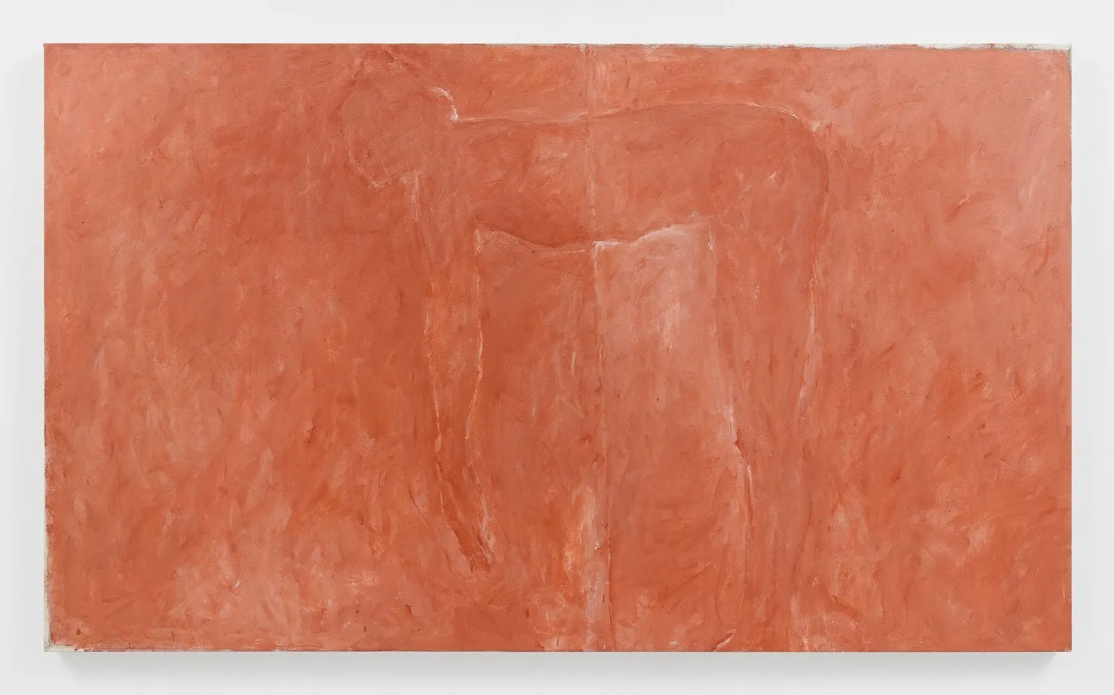 A large orange painting is made of visible gestural brushstrokes which form the central outline of a woman bent over at the waist, arms hanging down.