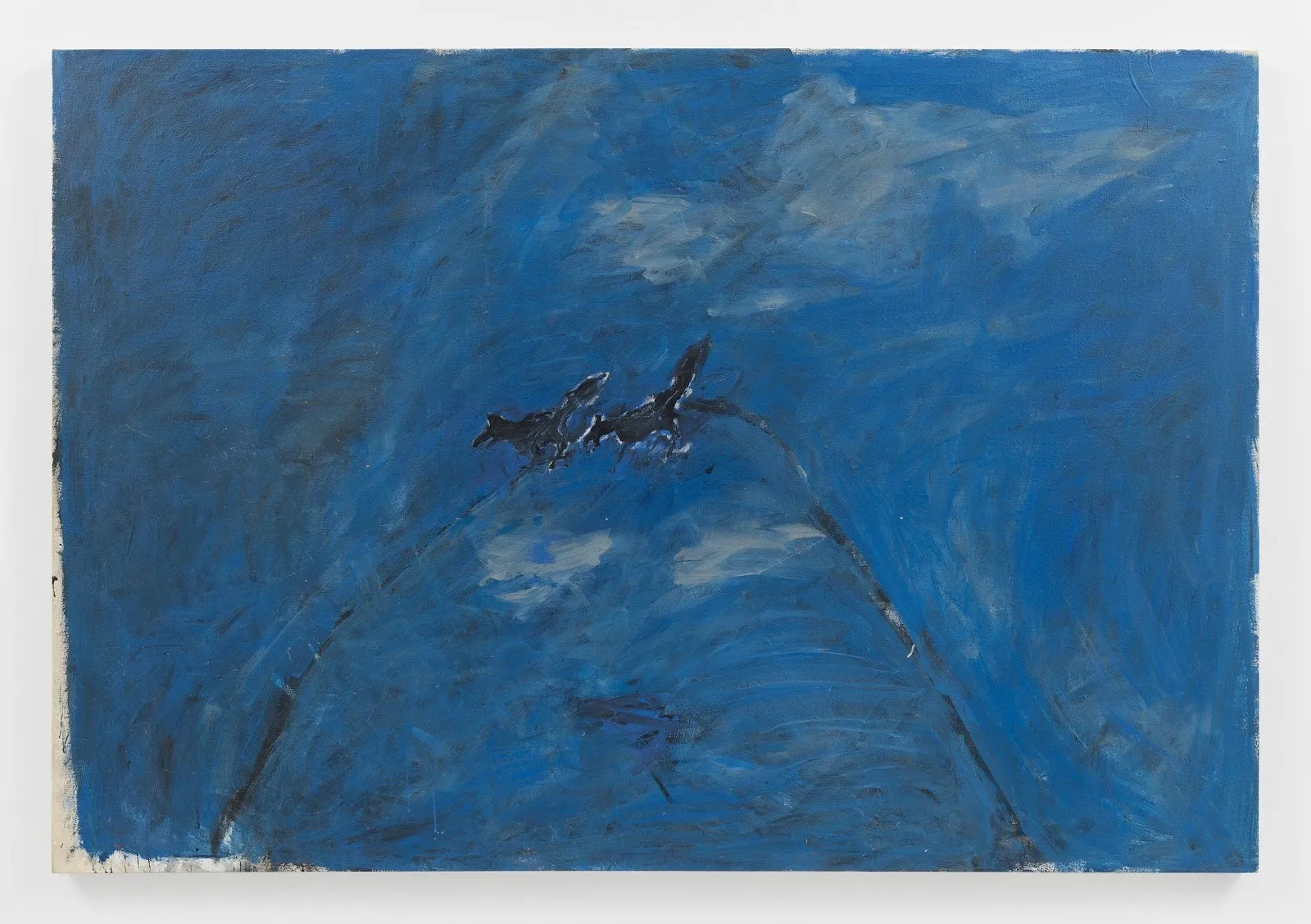 A painting made of blue, white, and black brushstrokes depict an abstracted scene of two foxes running down a tall hill under a wide sky.