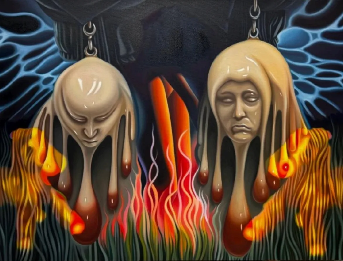 An airbrushed abstract painting depicts multiple abstract designs. the main subject matter appears to be two large keychains of shiny, melted flesh-colored heads, which stretch into into large, red, bulbous drops.