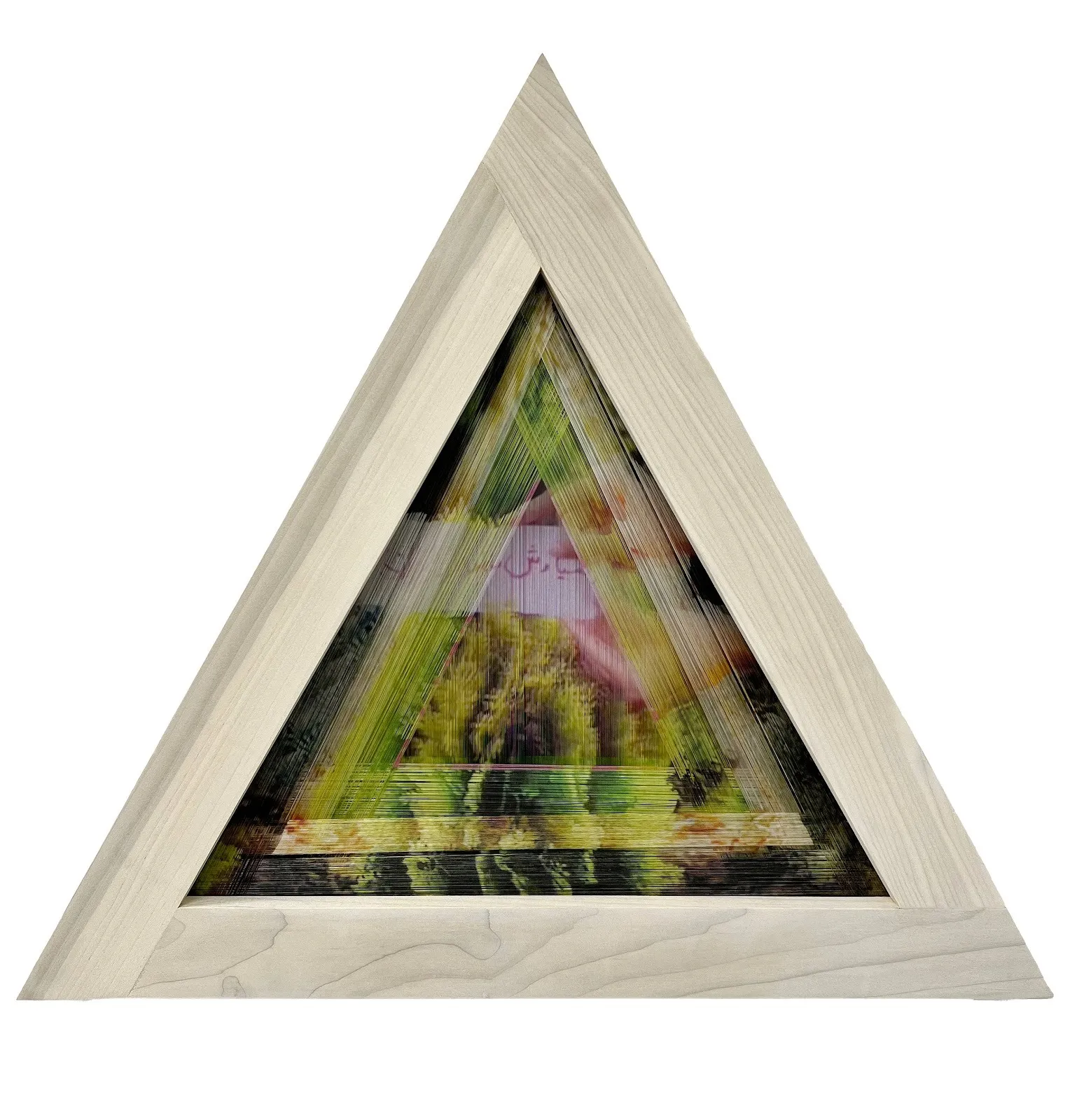 A triangle-shaped wooden frame features configurations of tightly-stretched layers of thread. Printed on the thread are layers and superimpositions of multiple abstracted images.