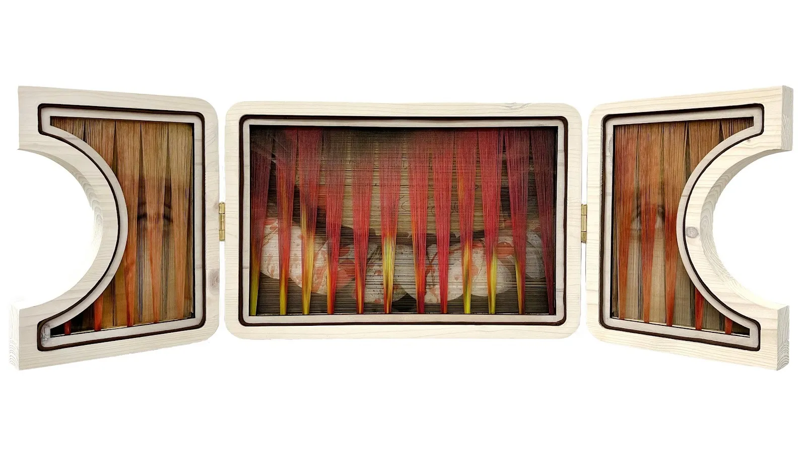 A triptych of three hinged panels, one rectangular and two with a semicircle cutout in opposite sides, feature multiple layers of stretched threads. Printed on the fabric are abstracted images, some recognizable as eyes, others dyed with orange hues.