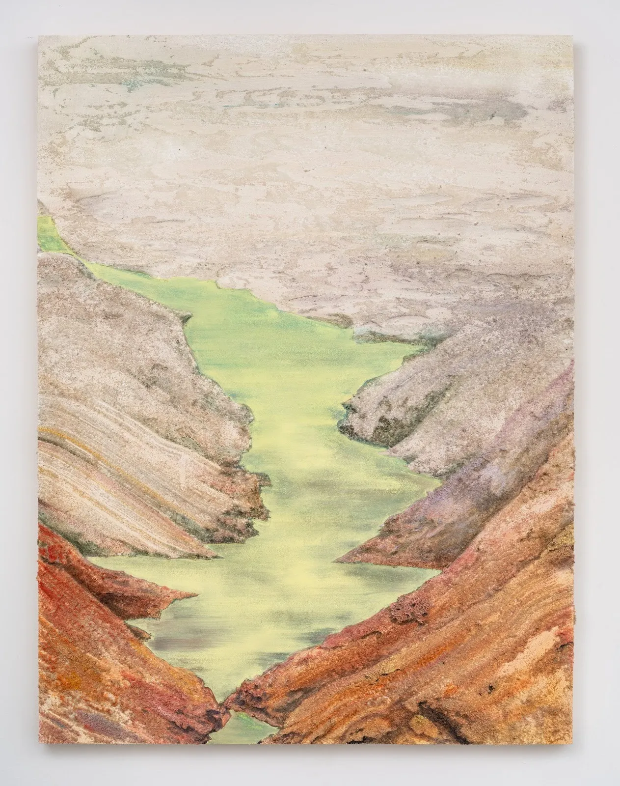 Painting of a glowing green river flowing between layered red and brown canyon walls.