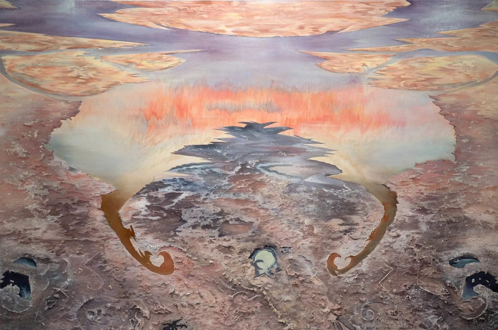 Painting of a textured, cratered surface leading into a glowing sky of orange, lavender, and cream.