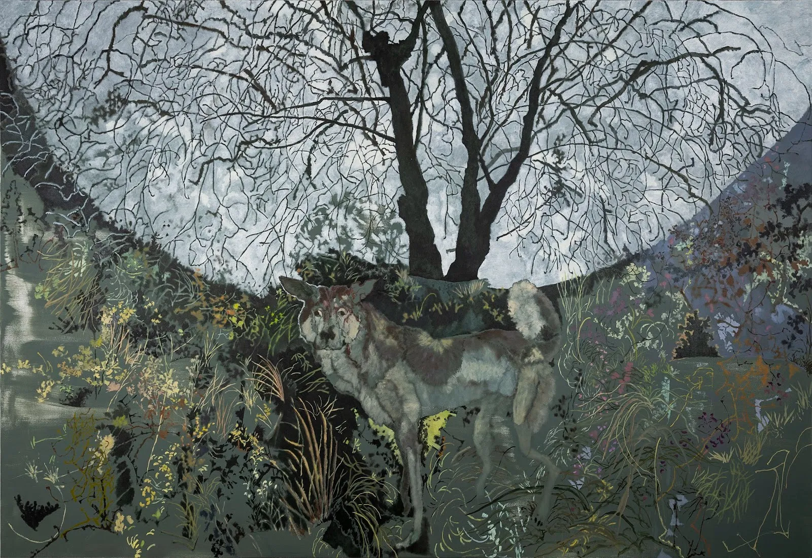 A painting features a greyish wolf standing in a grove of grass and flowers in front of a central tree in cloudy winter. The painting is abstracted, with a warped landscape and some elements done in bright, contrasting colors and others in linework.
