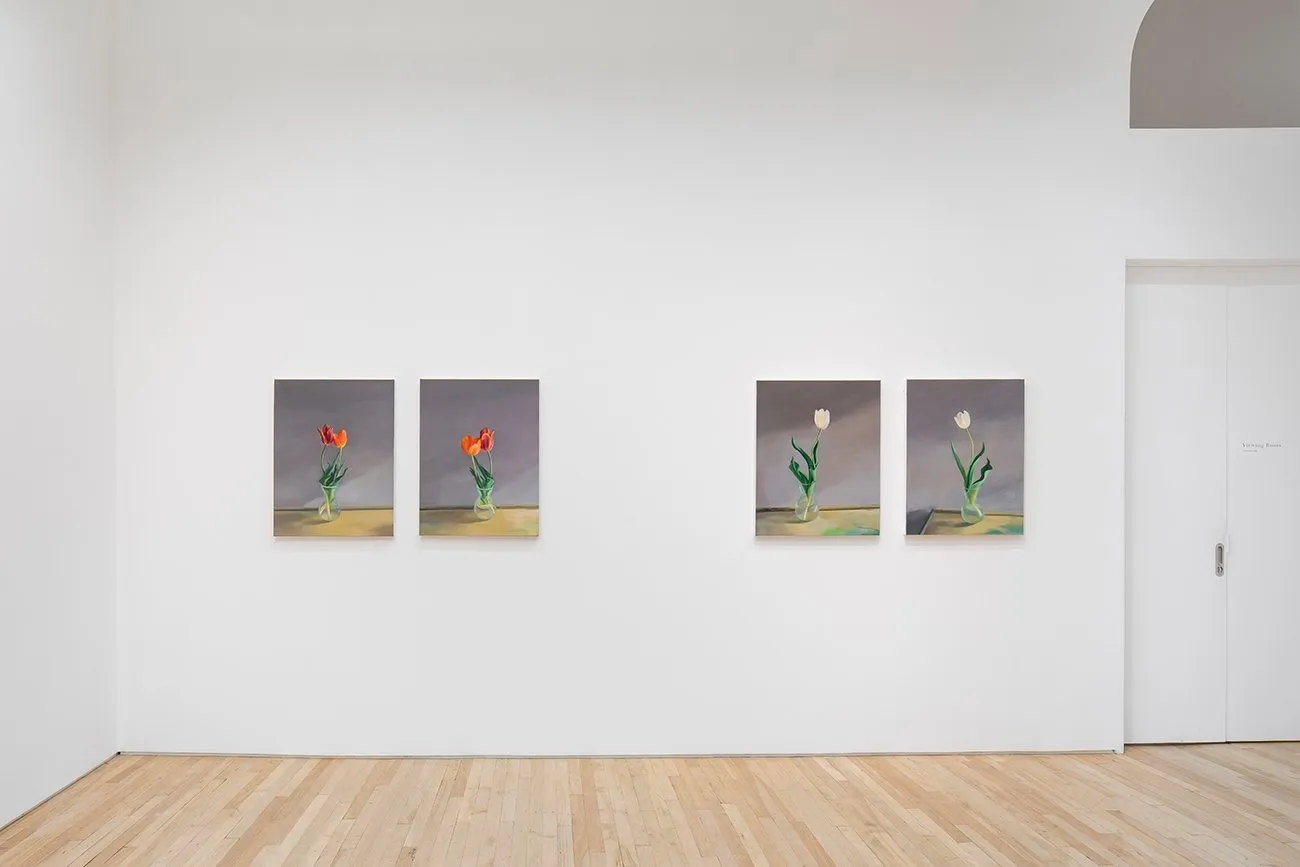 Four still-life paintings of tulips in glass vases on a tabletop against a muted gray background.