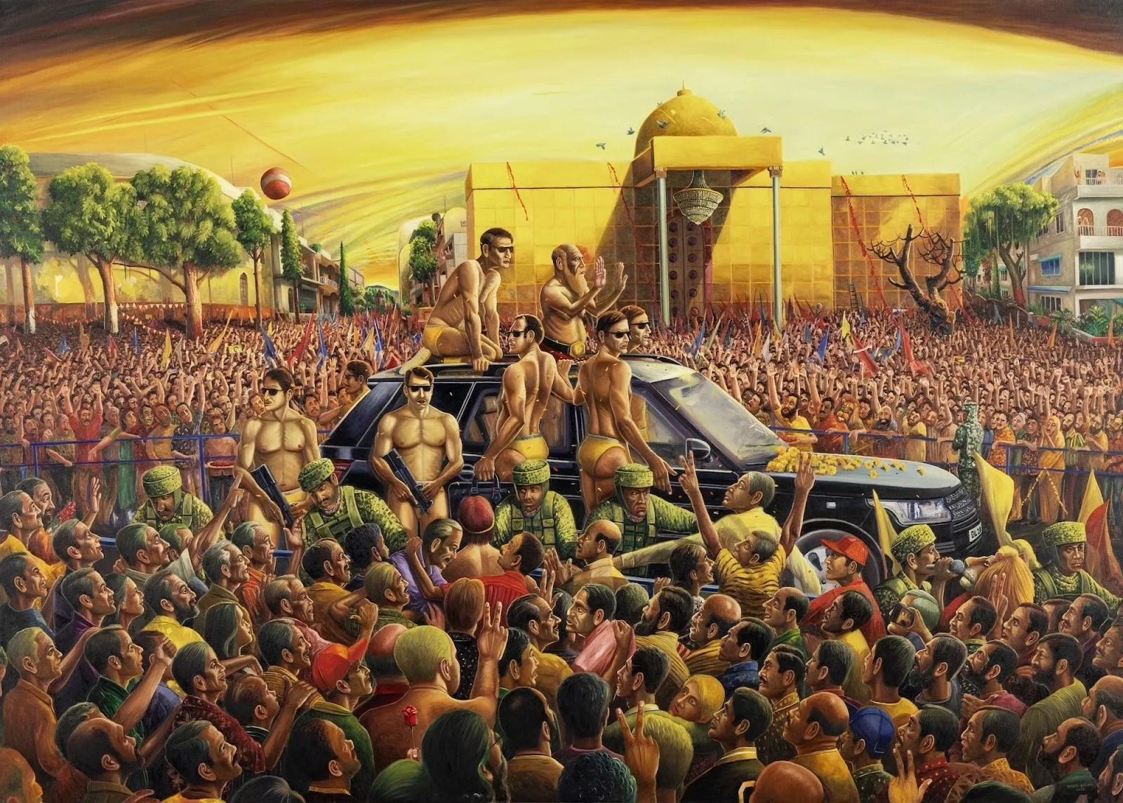 Large-scale figurative painting depicting a dense crowd surrounding a vehicle beneath a glowing yellow sky and monumental architecture.