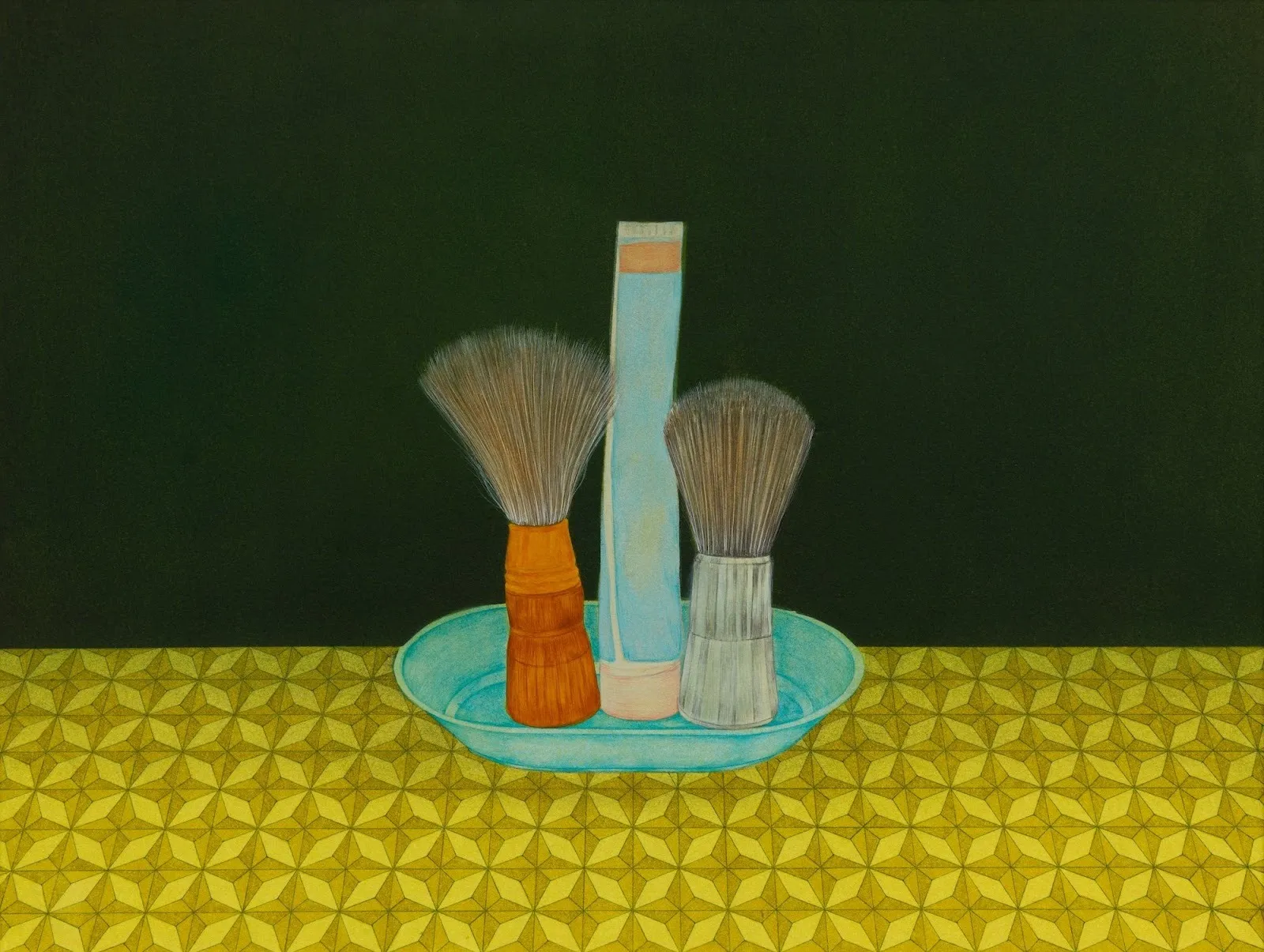 Still-life painting of three shaving tools arranged on a blue dish against a dark green background and patterned surface.