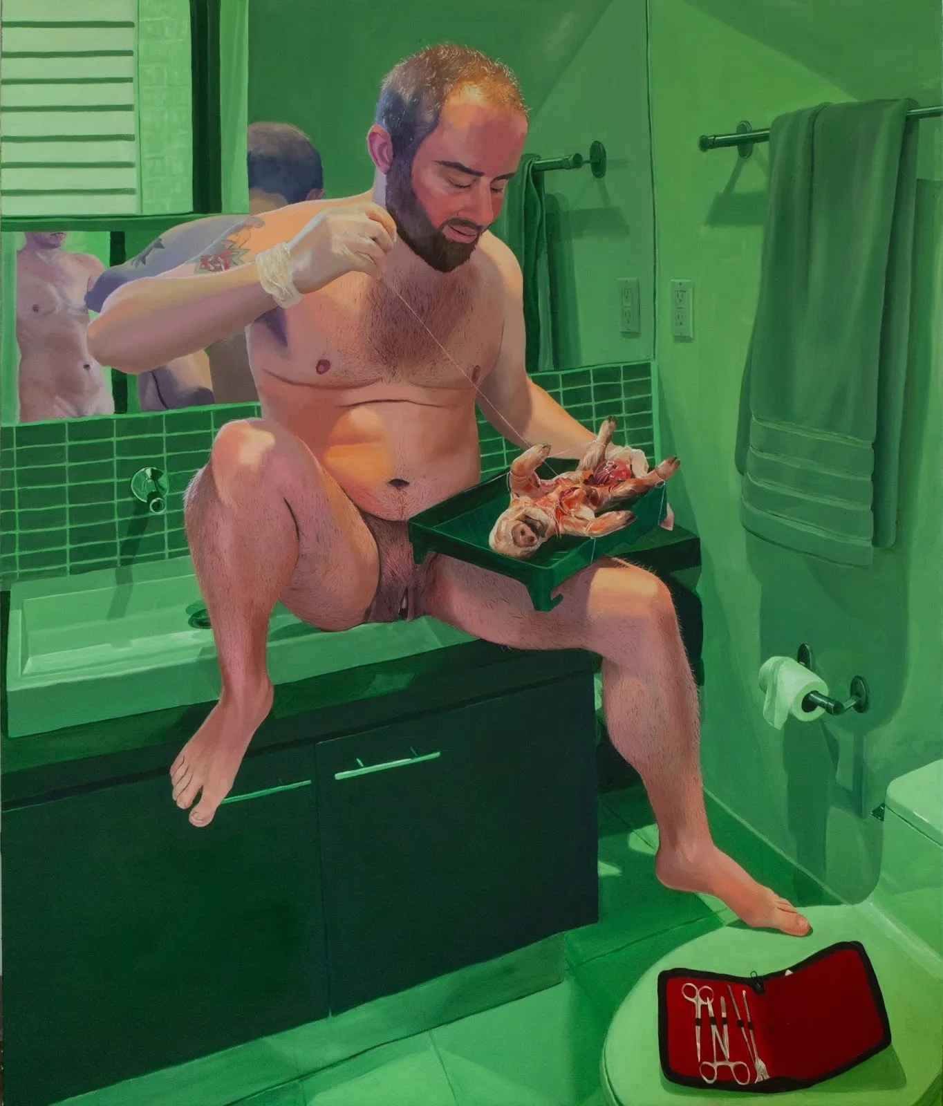 Painting of a nude bearded figure seated on a bathroom counter, holding a tray with a small doll in a green-tiled room.