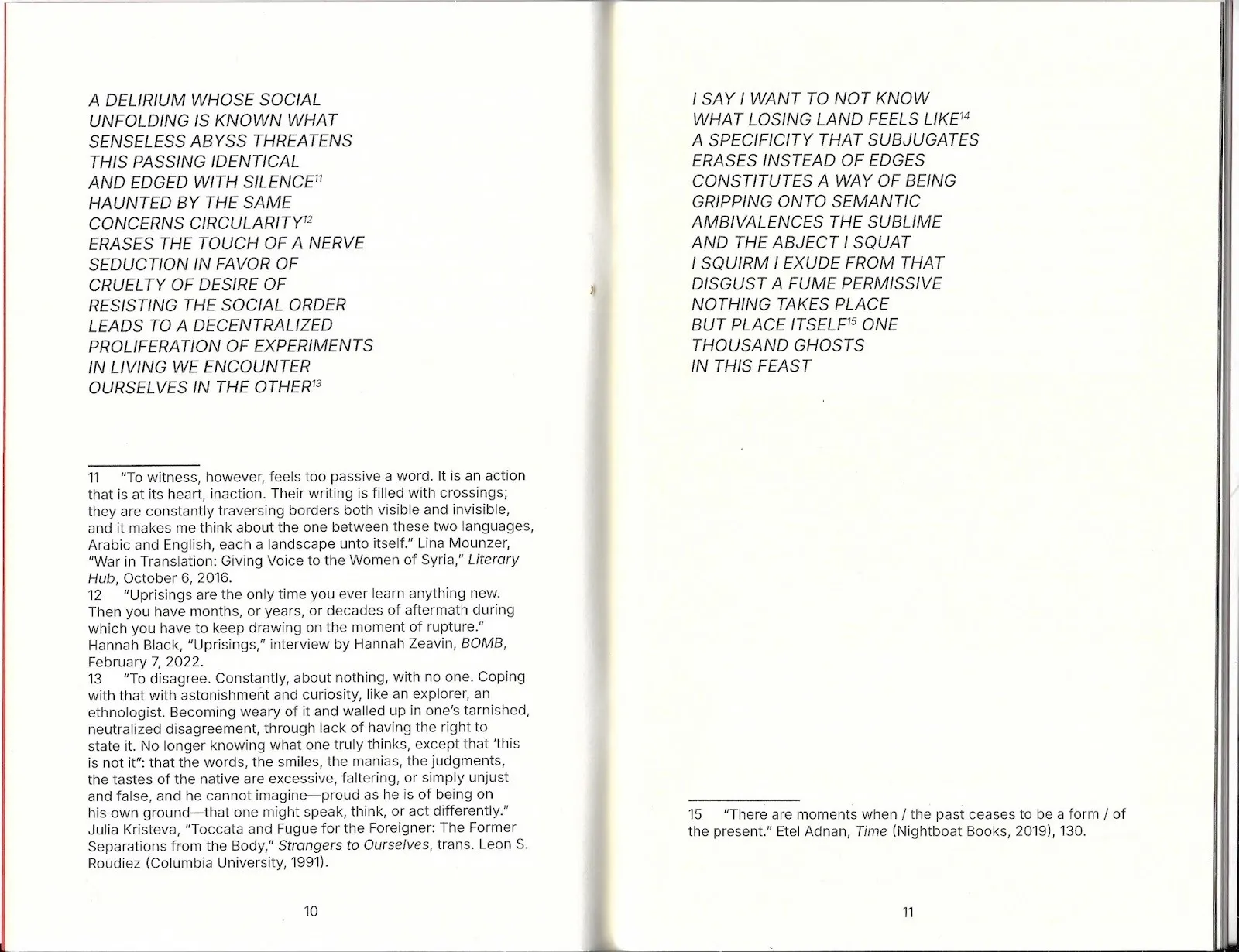 Open book displaying poetic text across two pages with academic-style footnotes below.