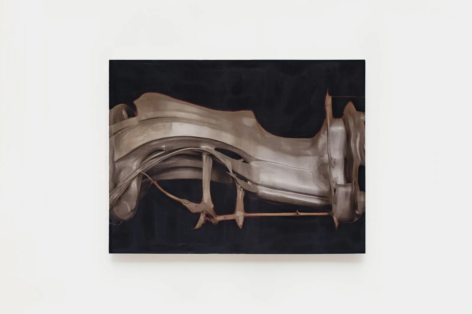 Abstract painting depicting layered, translucent bone-like forms stretched horizontally against a dark background.