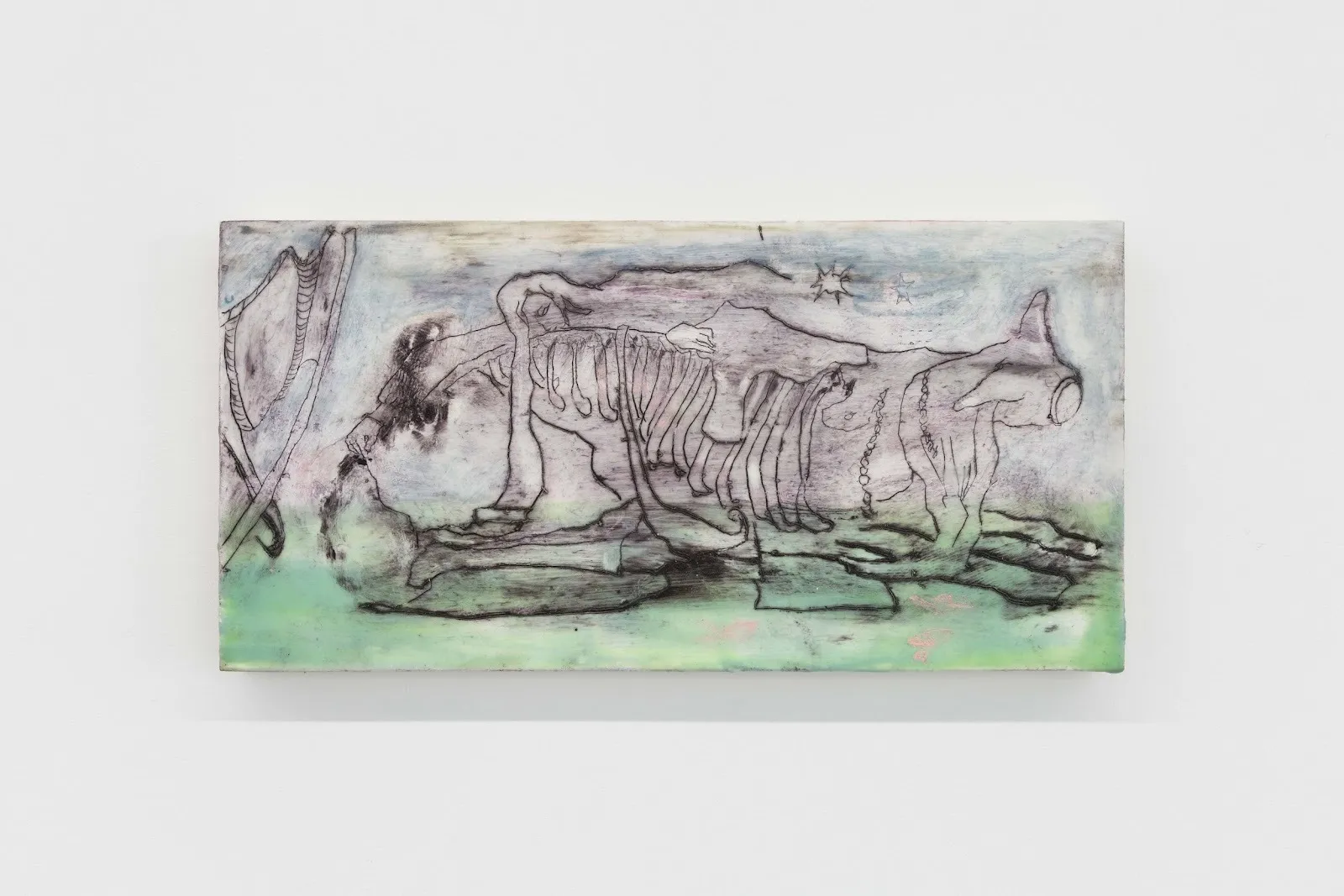 A small, rectangular wall-mounted work is covered with light washes of blue and green, with a bleeding black outline of an abstracted, bony creature/object.