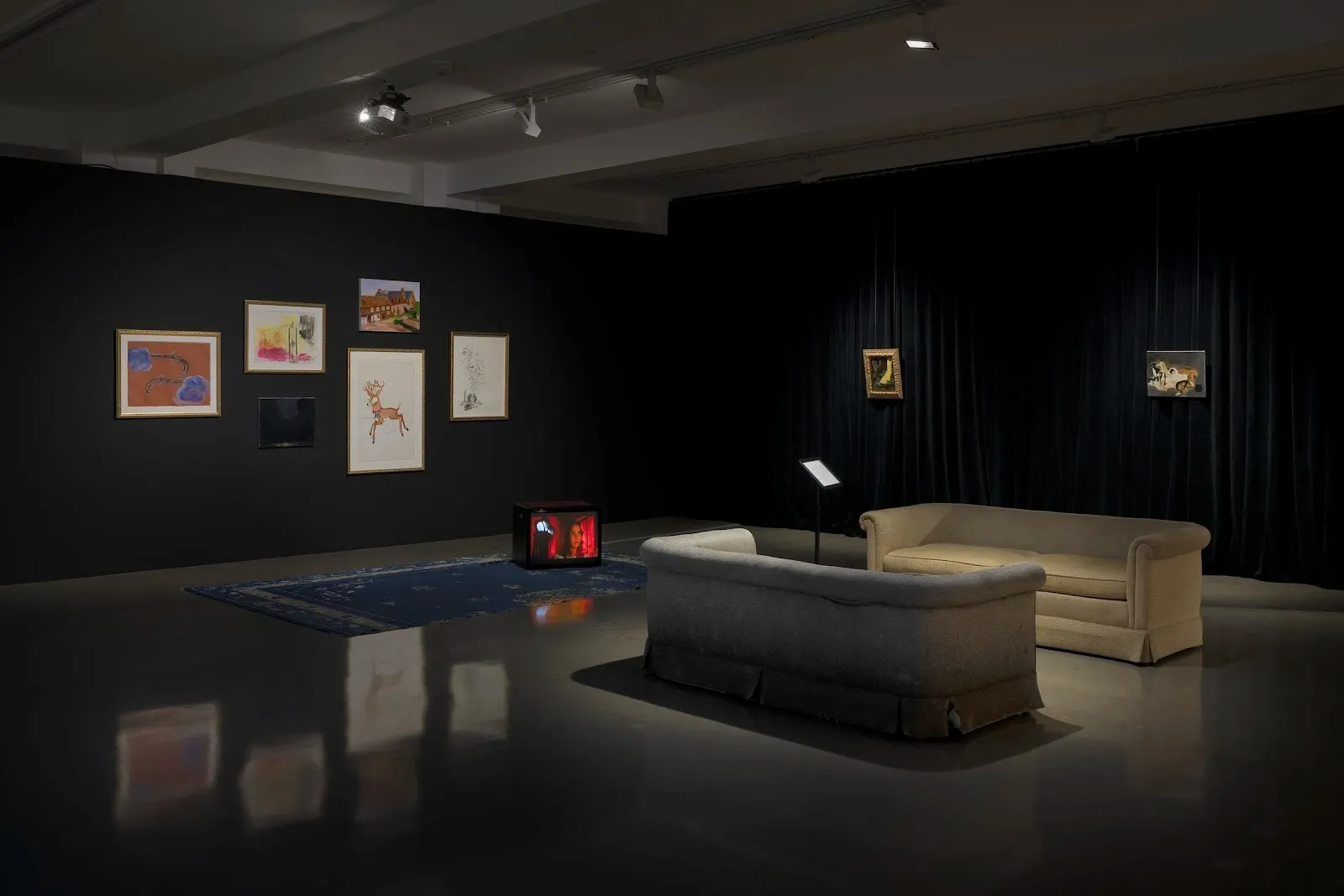A dimly lit room with black walls features a number of smaller 2D works mounted to the walls. In the center of the space, a tv sits on top of a rug perpendicular to two large beige couches facing each other.