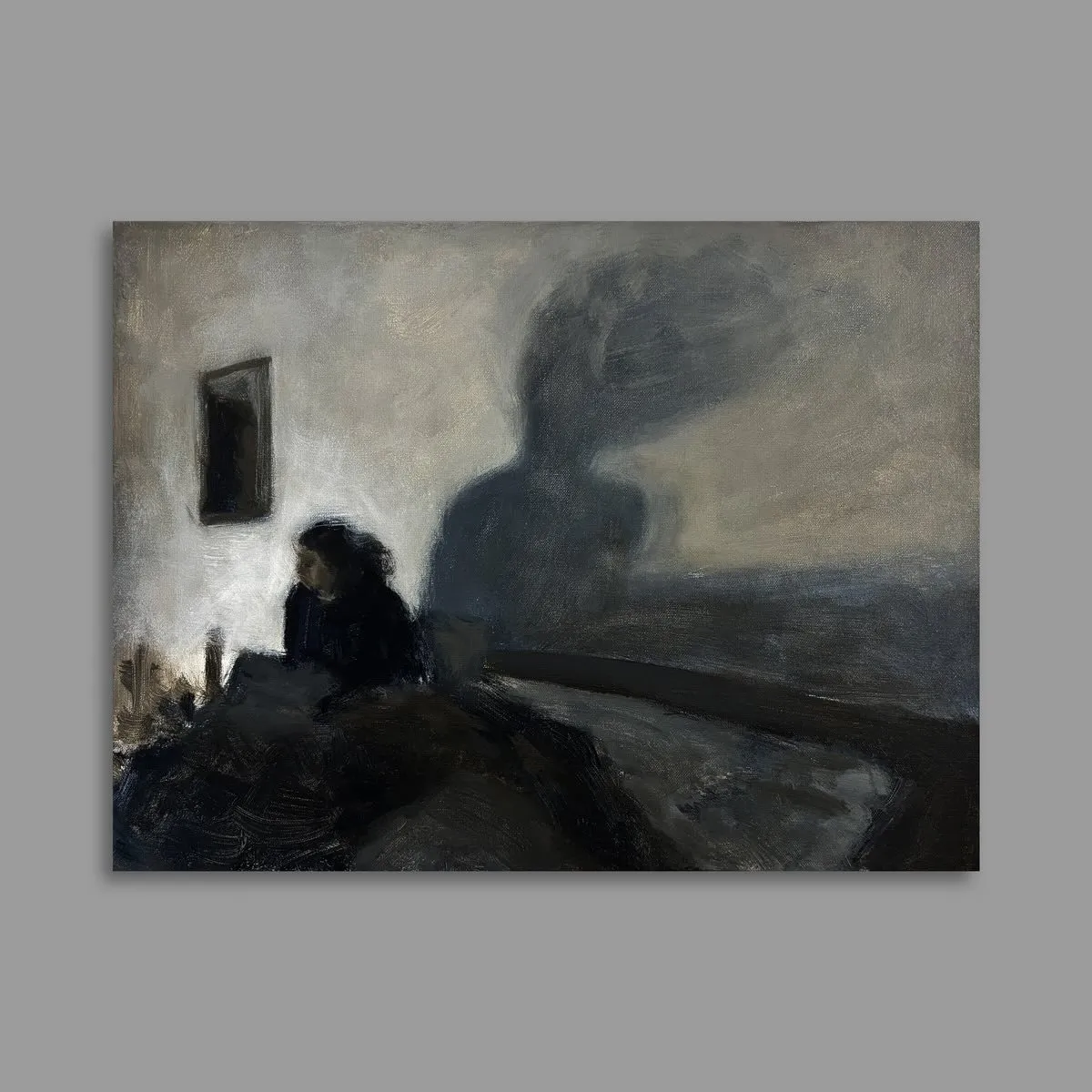 A painting mounted to a wall features an impressionistic rendering of a figure in bed with a small light source casting long shadows on the wall.