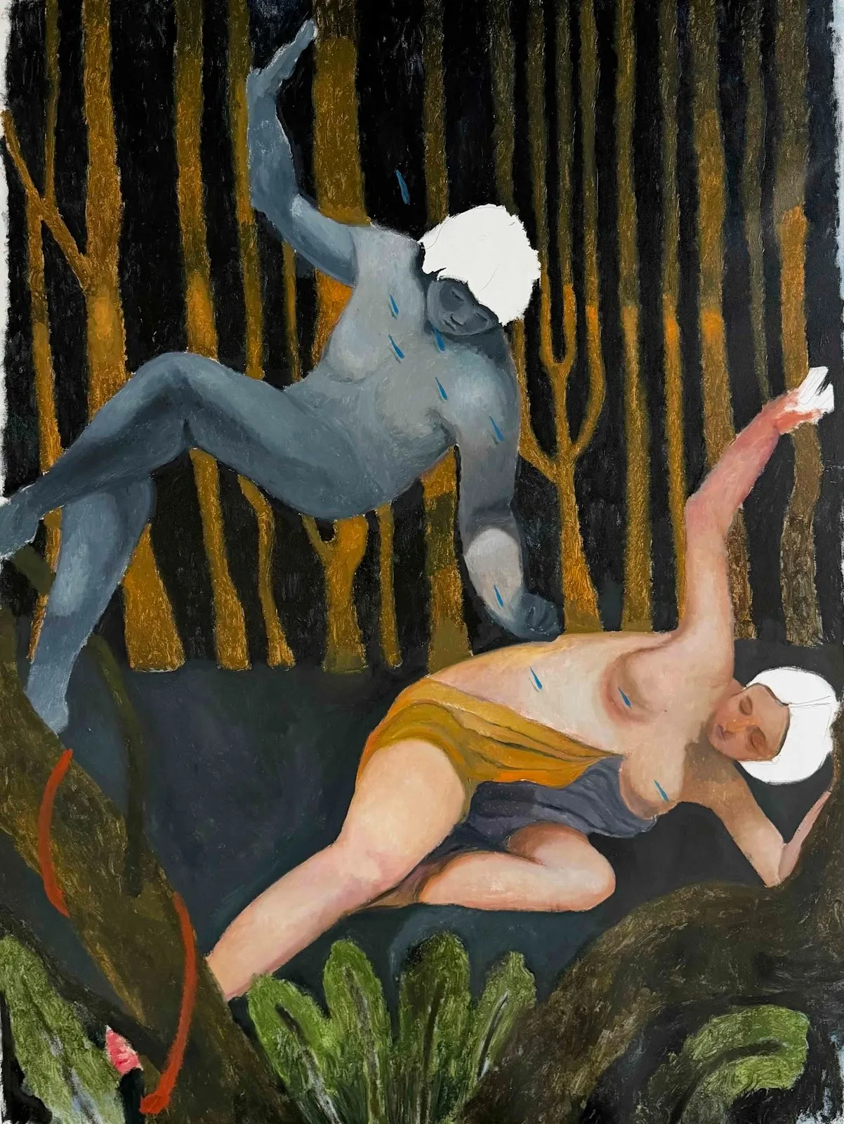 A painting, rendered in an illustrative style, depicts two figures in classical Greek-like poses in a dark, lush forest landscape.