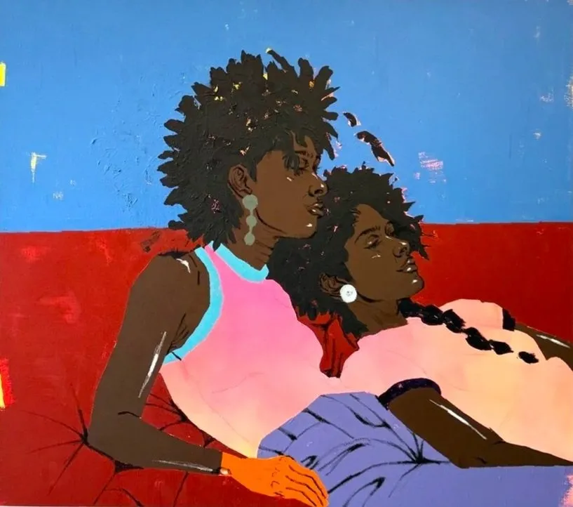 Painting of two figures reclining together against a blue and red background, their bodies angled toward one another.
