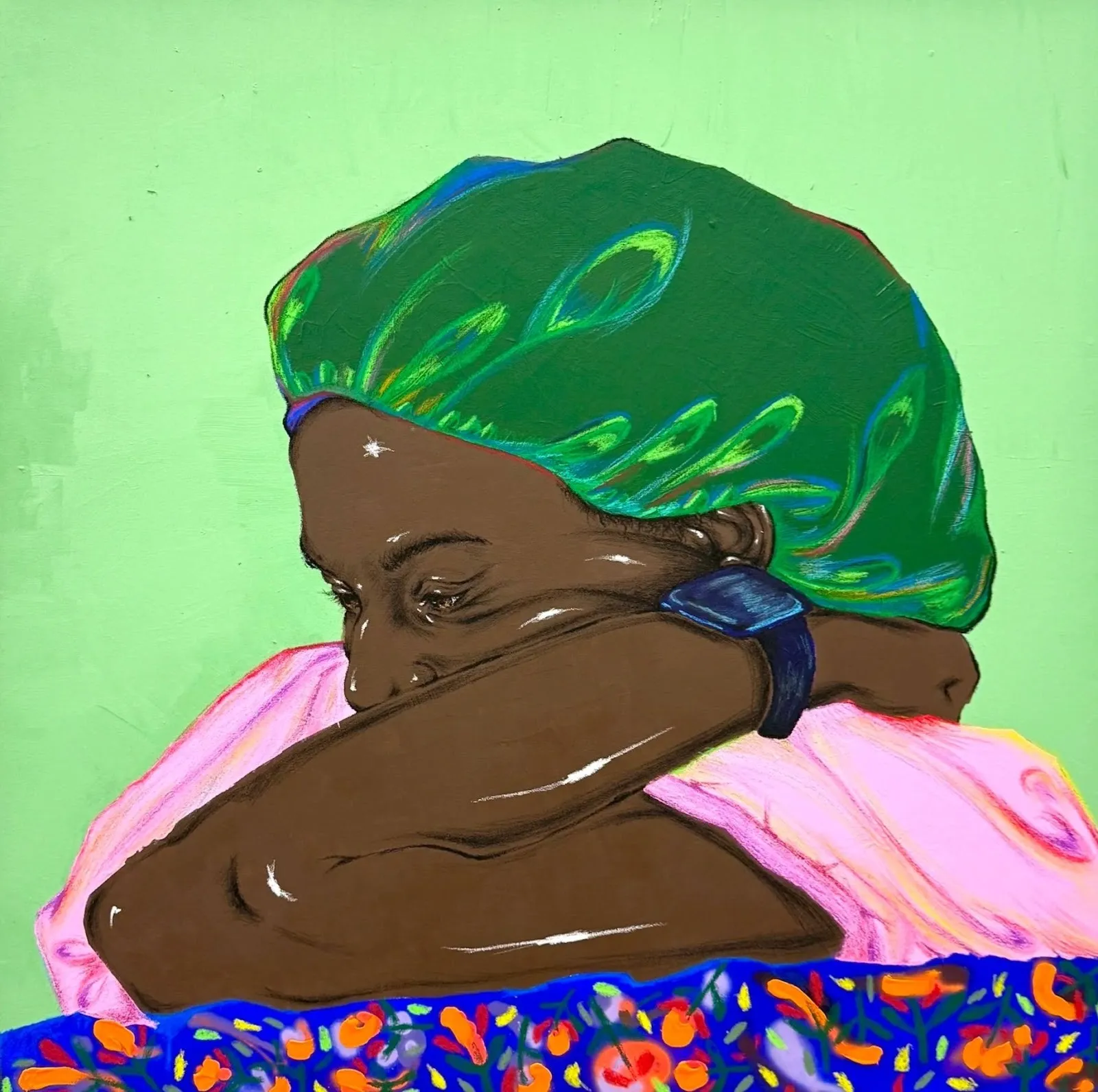 Painting of a person resting their head on folded arms, wearing a green bonnet against a pale green background.