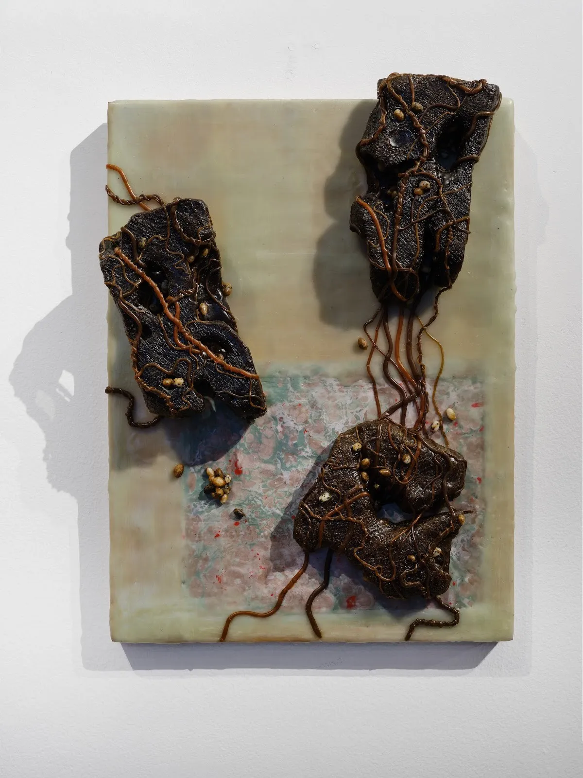 Wall-mounted mixed-media relief with dark, organic forms threaded with vine-like cords on a pale translucent panel.