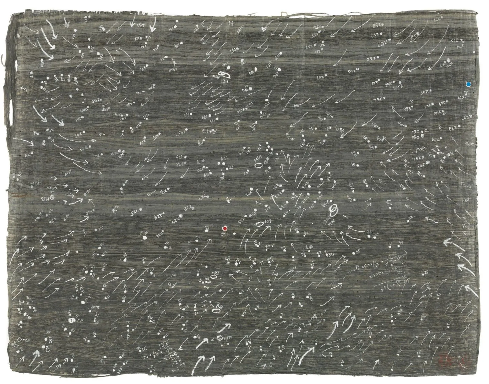 Dark, textured canvas covered with white arrows, dots, and handwritten numbers suggesting constellations or directional movement across a field.