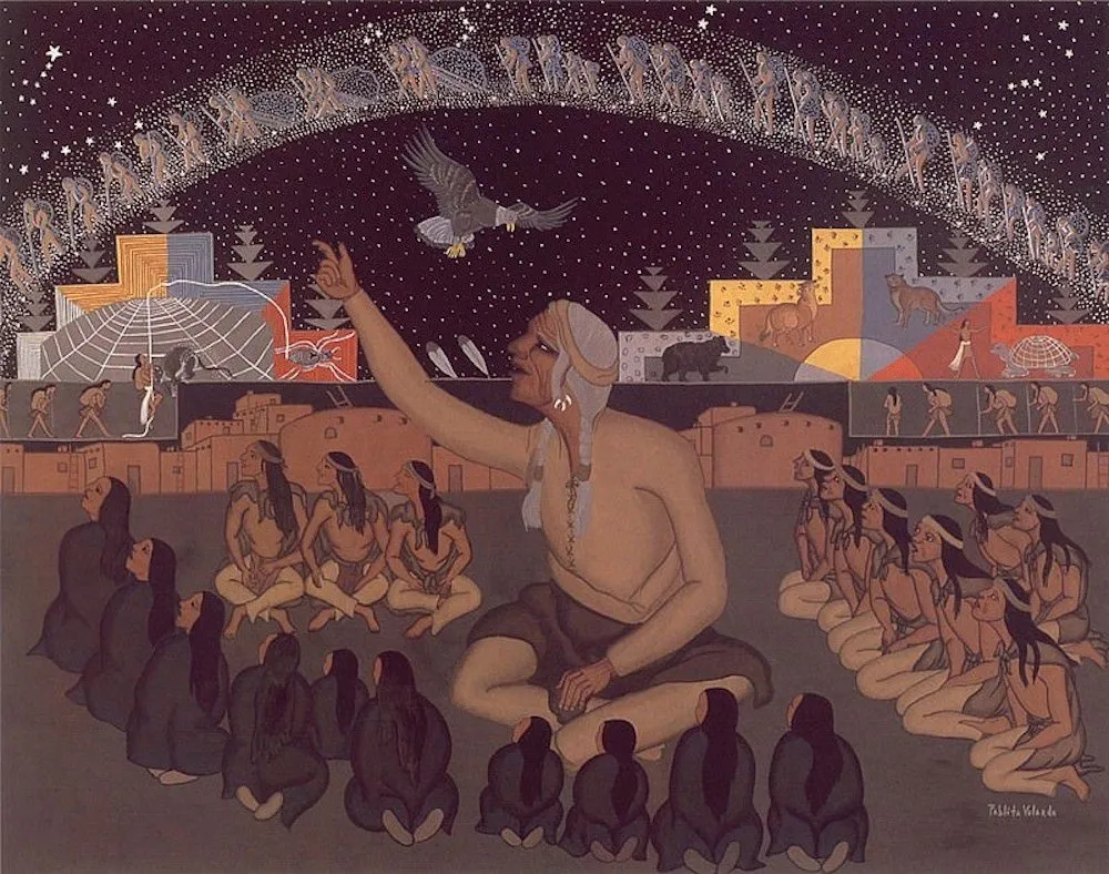 Painting of a central Indigenous figure gesturing upward beneath a starry sky, surrounded by seated figures and symbolic imagery.