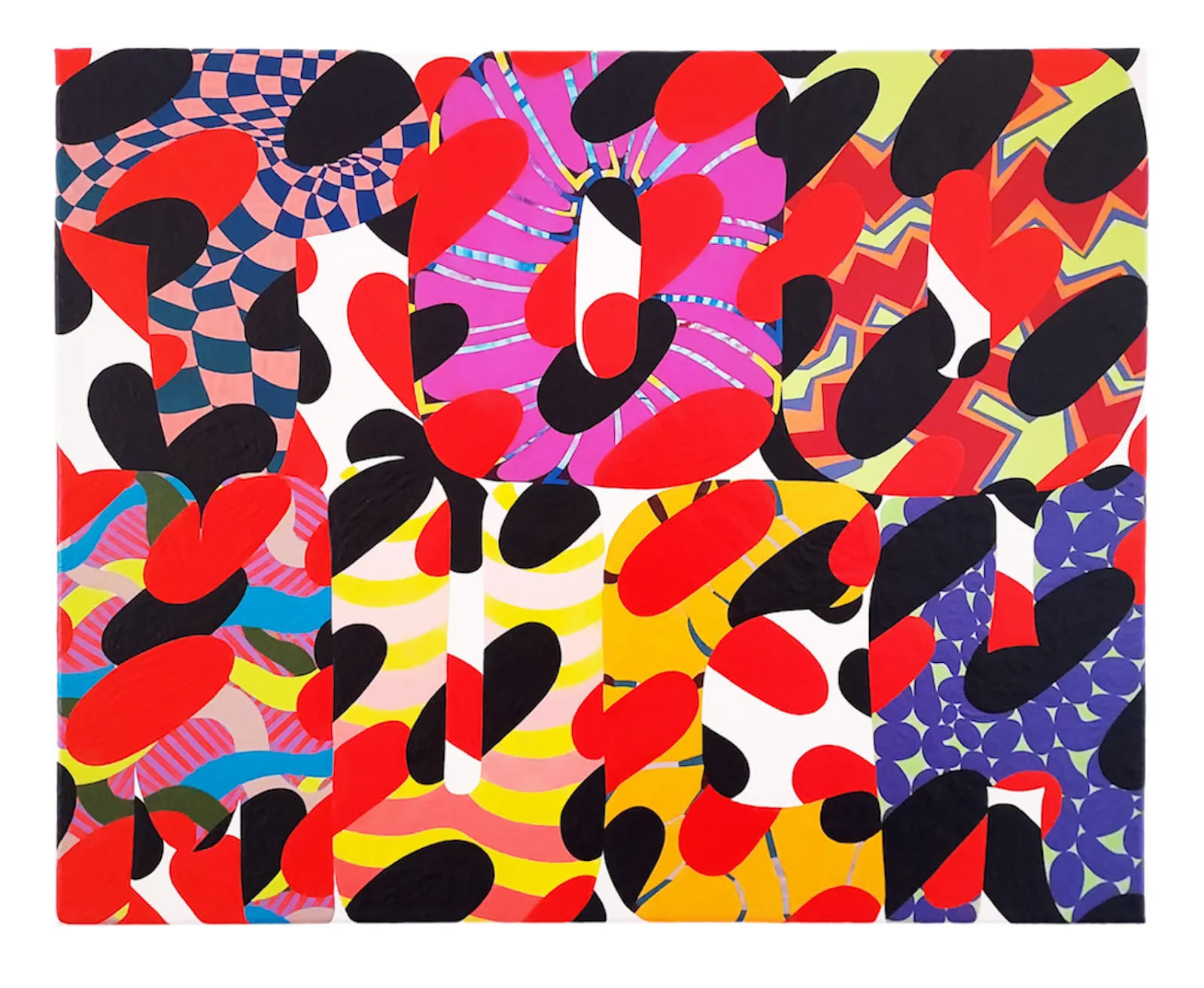 Large abstract painting composed of bright geometric patterns and layered red and black organic shapes across a grid-like composition.