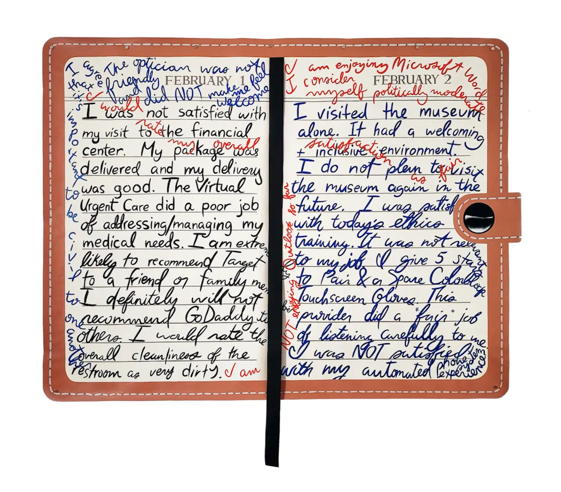 Open planner spread filled with handwritten customer-service review statements, heavily edited and annotated in red and blue ink.