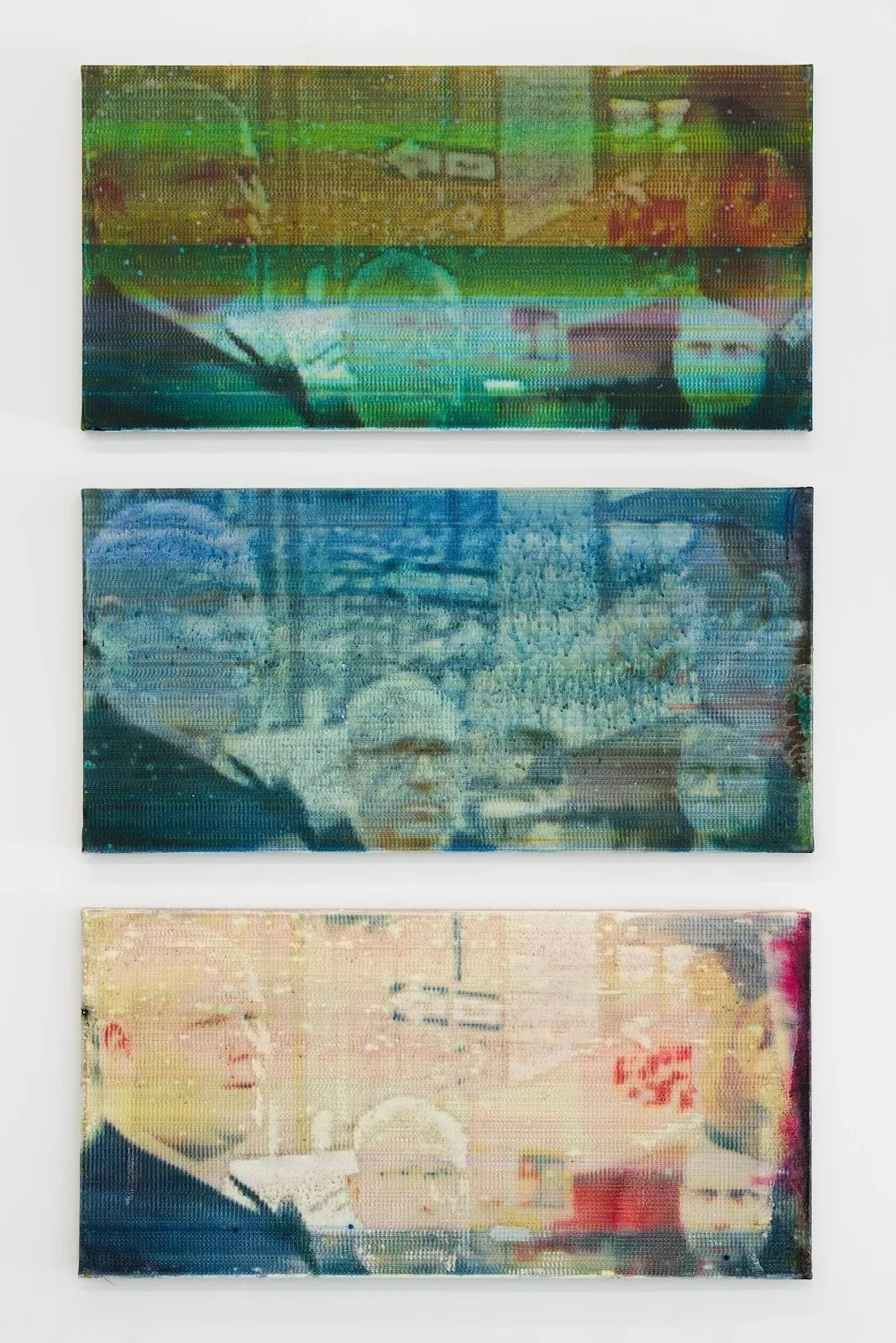 A trio of horizontal paintings of the same size hang on a white wall in a column. They feature the same image that is manipulated in different ways: by color, sharpness, and material texture.