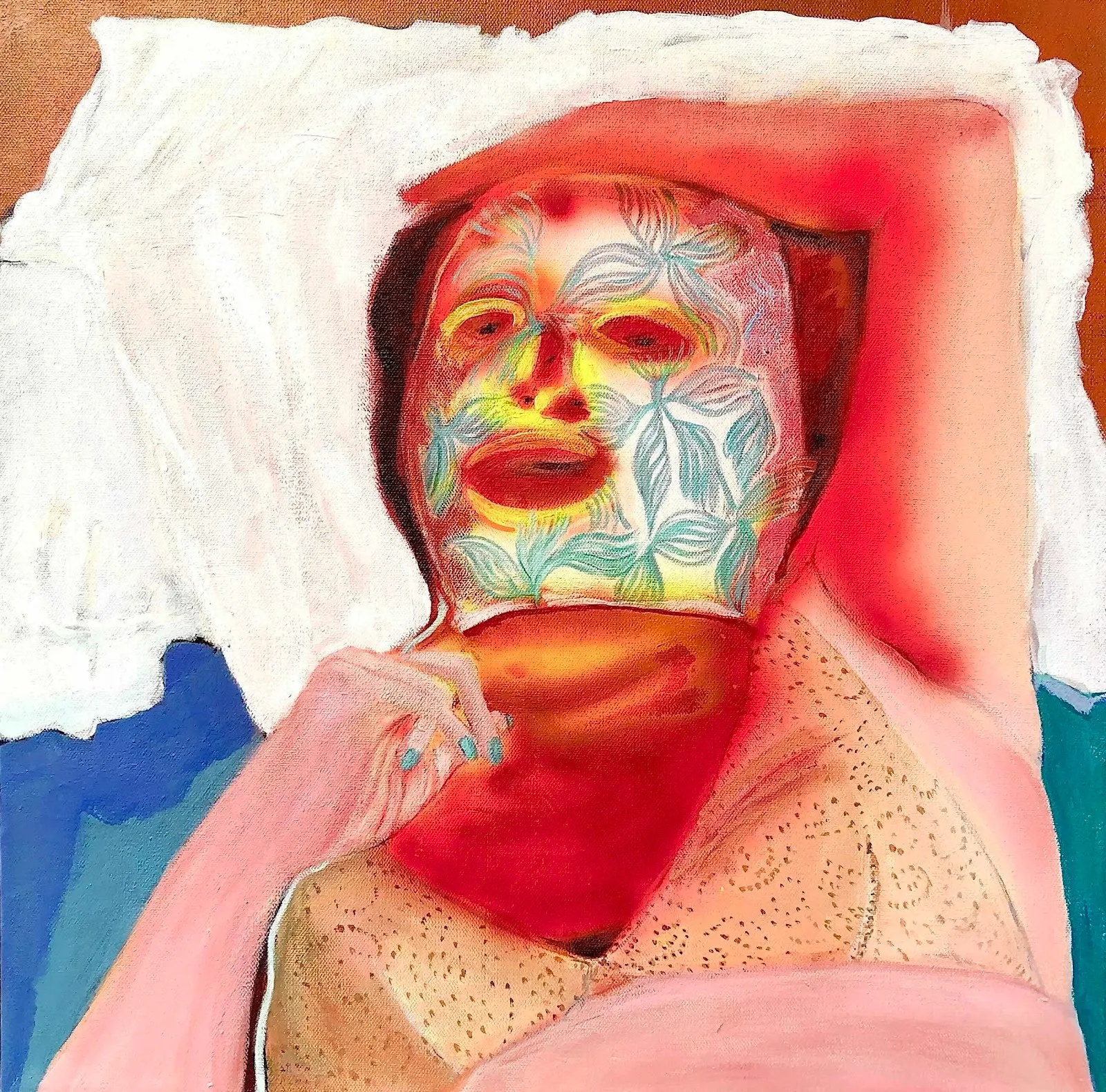 A painting features a figure reclined in bed, wearing a tan bra and LED face mask decorated with teal leaf designs. The mask glows red and yellow, illuminating the skin of the figure.
