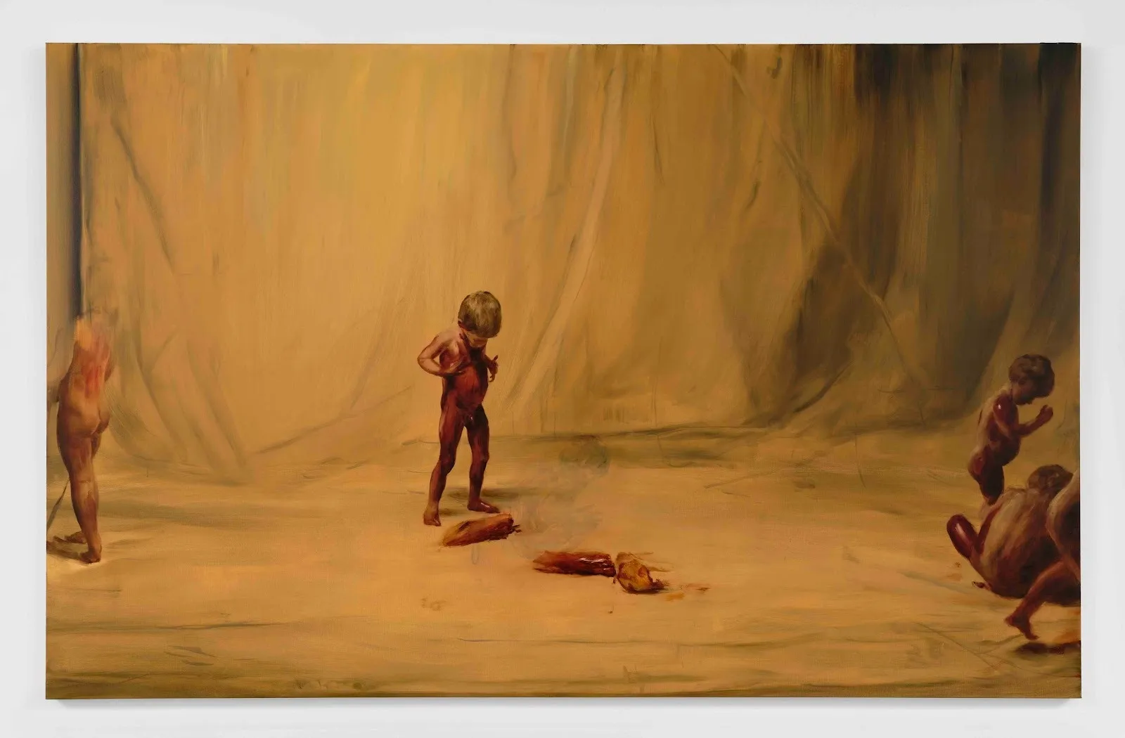 A beige/tan-colored painting depicts a minimal scene of a cloth-like backdrop. Five figures populate the scene, some half-obscured: children with bloodied, naked bodies next to unidentifiable bloody limbs, mid-movement or crouched.