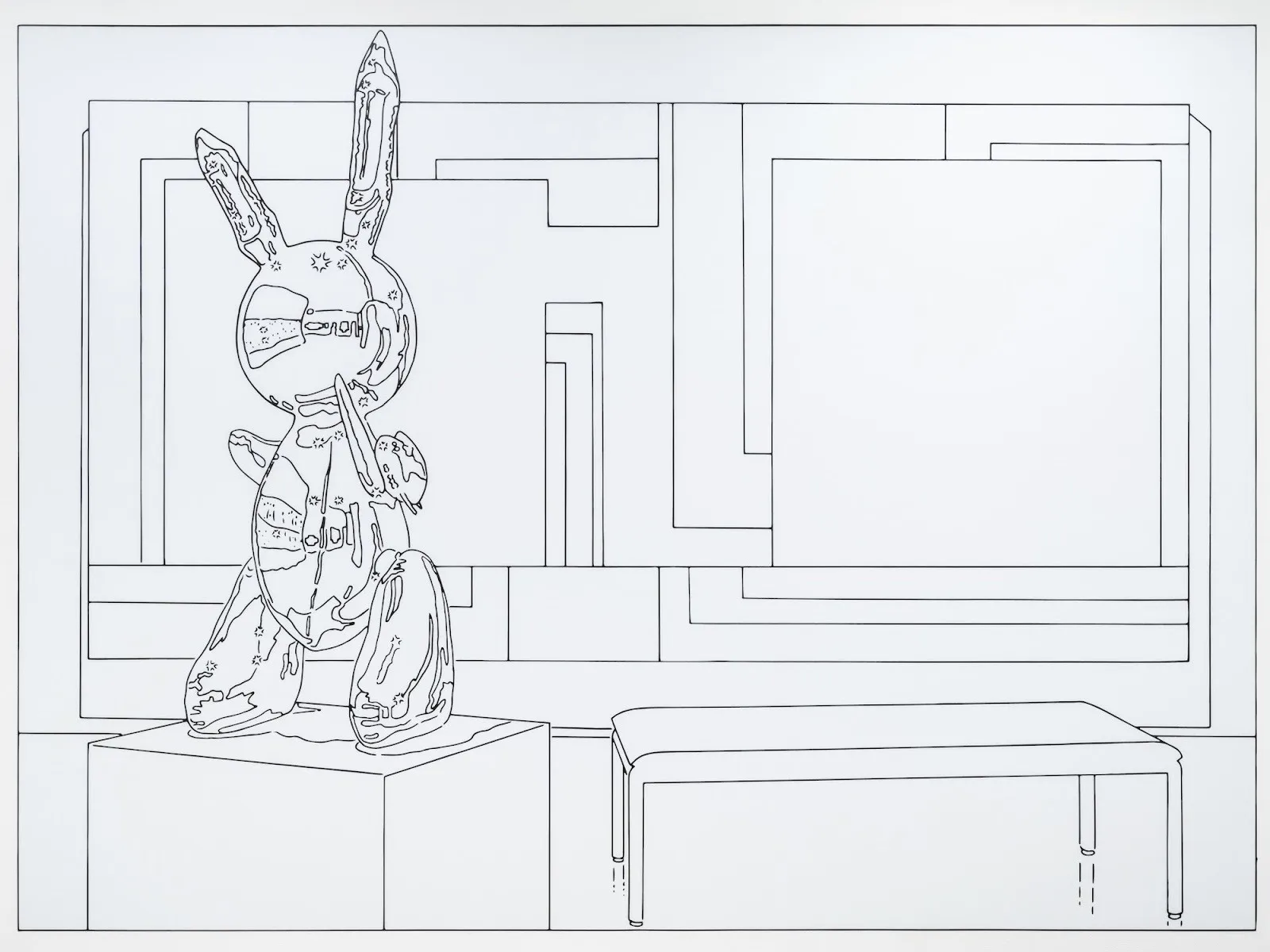 Minimal line drawing of a rabbit-shaped sculpture on a pedestal beside a bench, set against layered rectangular wall panels.