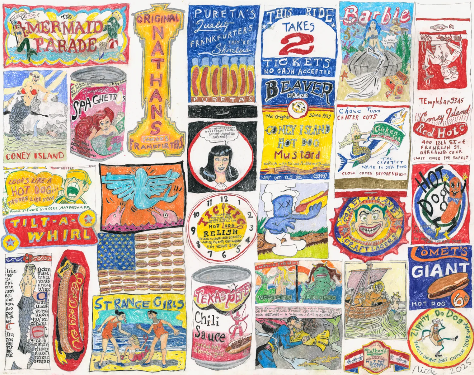 Grid of brightly colored, hand-drawn illustrations referencing Coney Island imagery, food packaging, and pop culture icons.