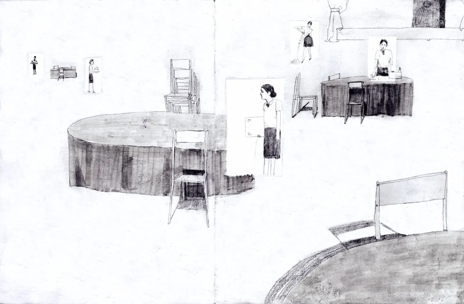 Sparse dining room with scattered chairs and small, isolated figures in uniform.