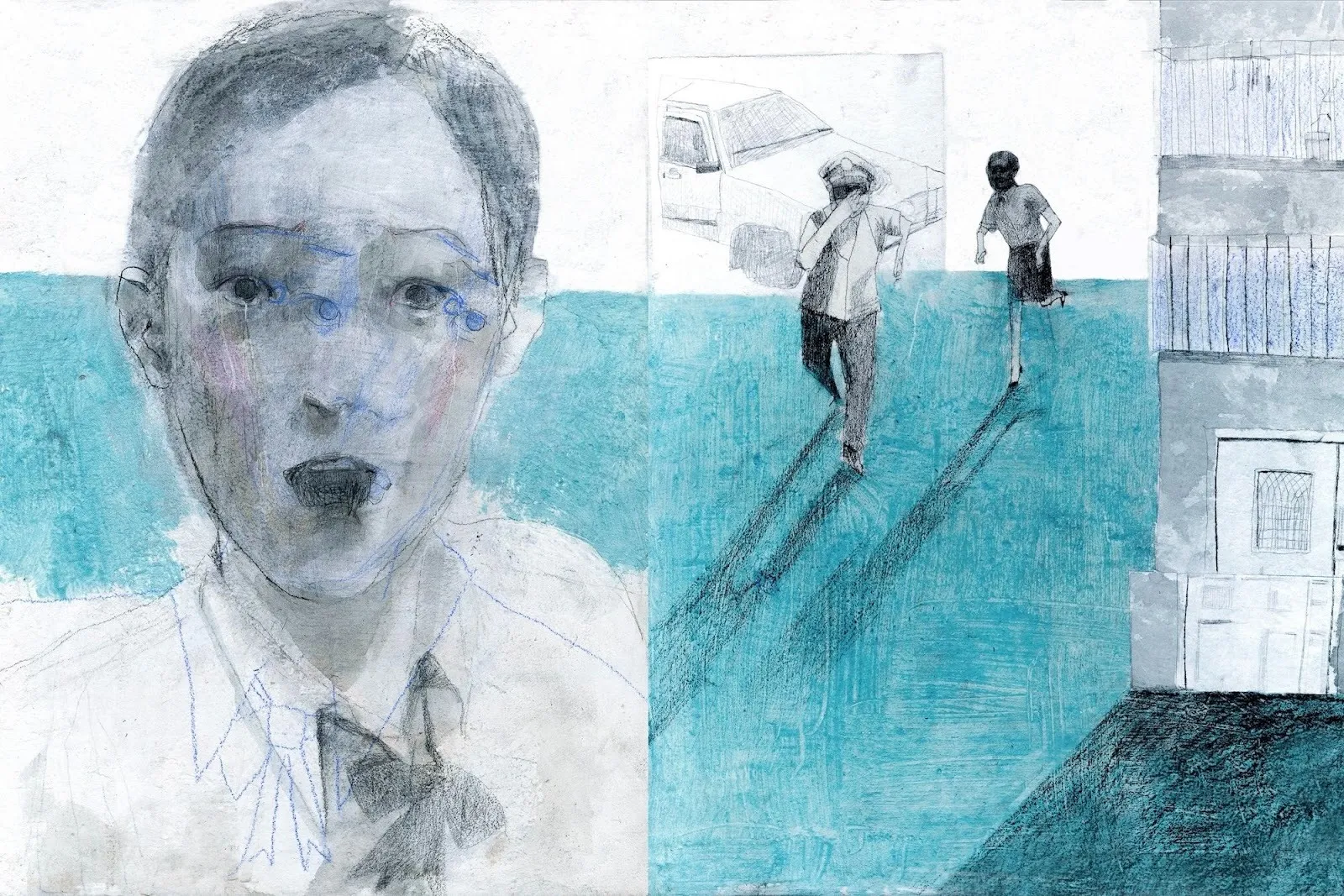 Close-up face over blue ground; two figures run across an open, empty space.