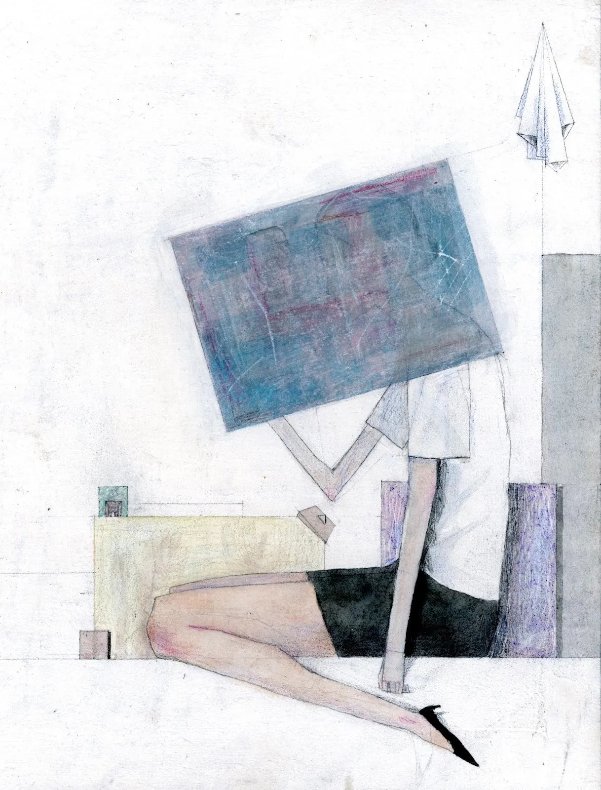 Seated figure holds a large panel obscuring her face; muted architectural backdrop.