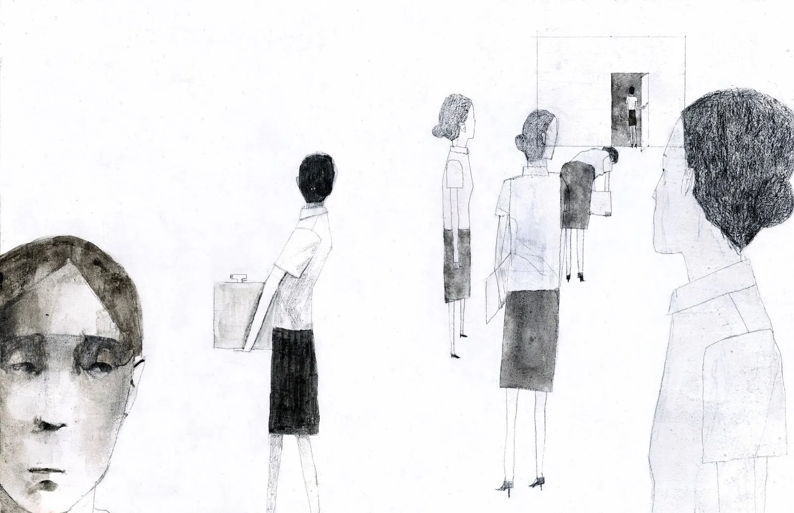 Stylized figures stand in sequence, one approaching a doorway, others observing.