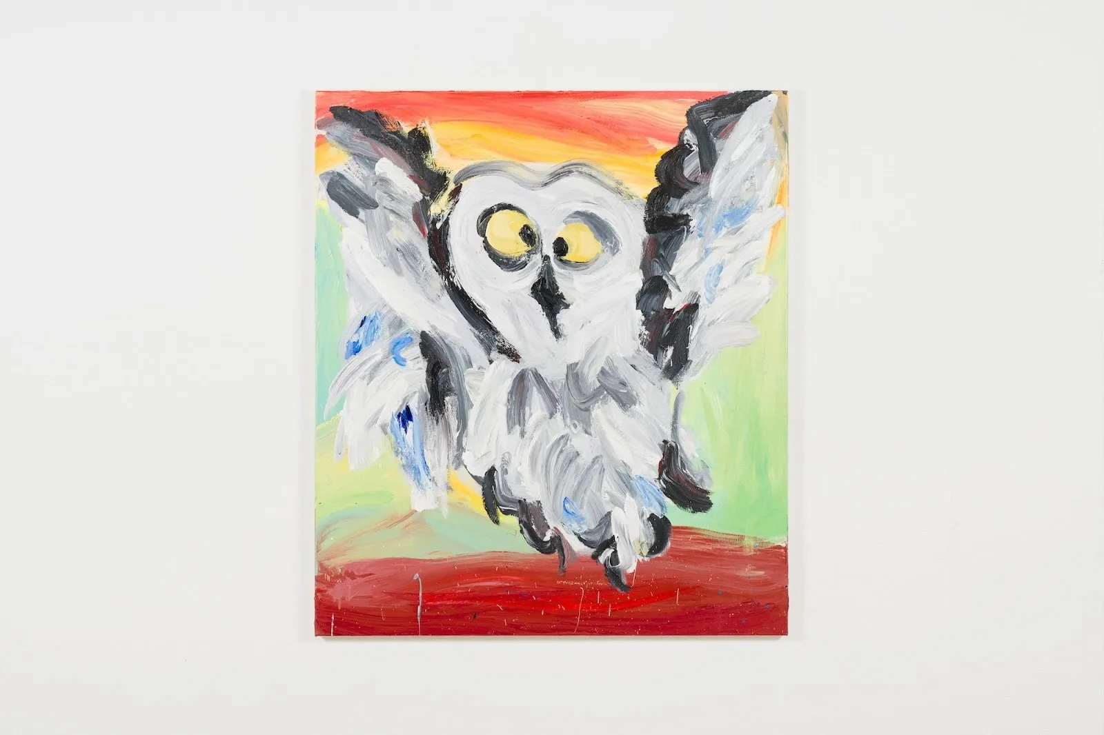 Small square painting of a wide-eyed owl mid-motion, rendered in loose white and gray brushstrokes against a gradient background of yellow, green, and red.
