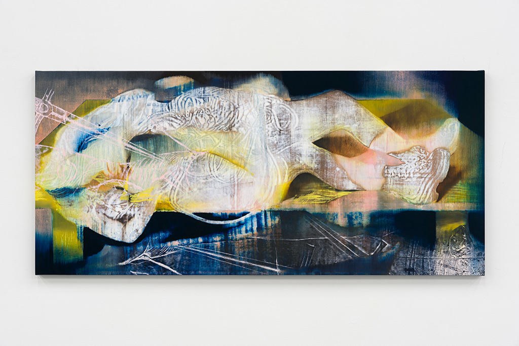 Horizontal painting by alex carver, frottage technique underlies white, yellow, and red paint against dark blue background, abstract rendering of a climber's body.