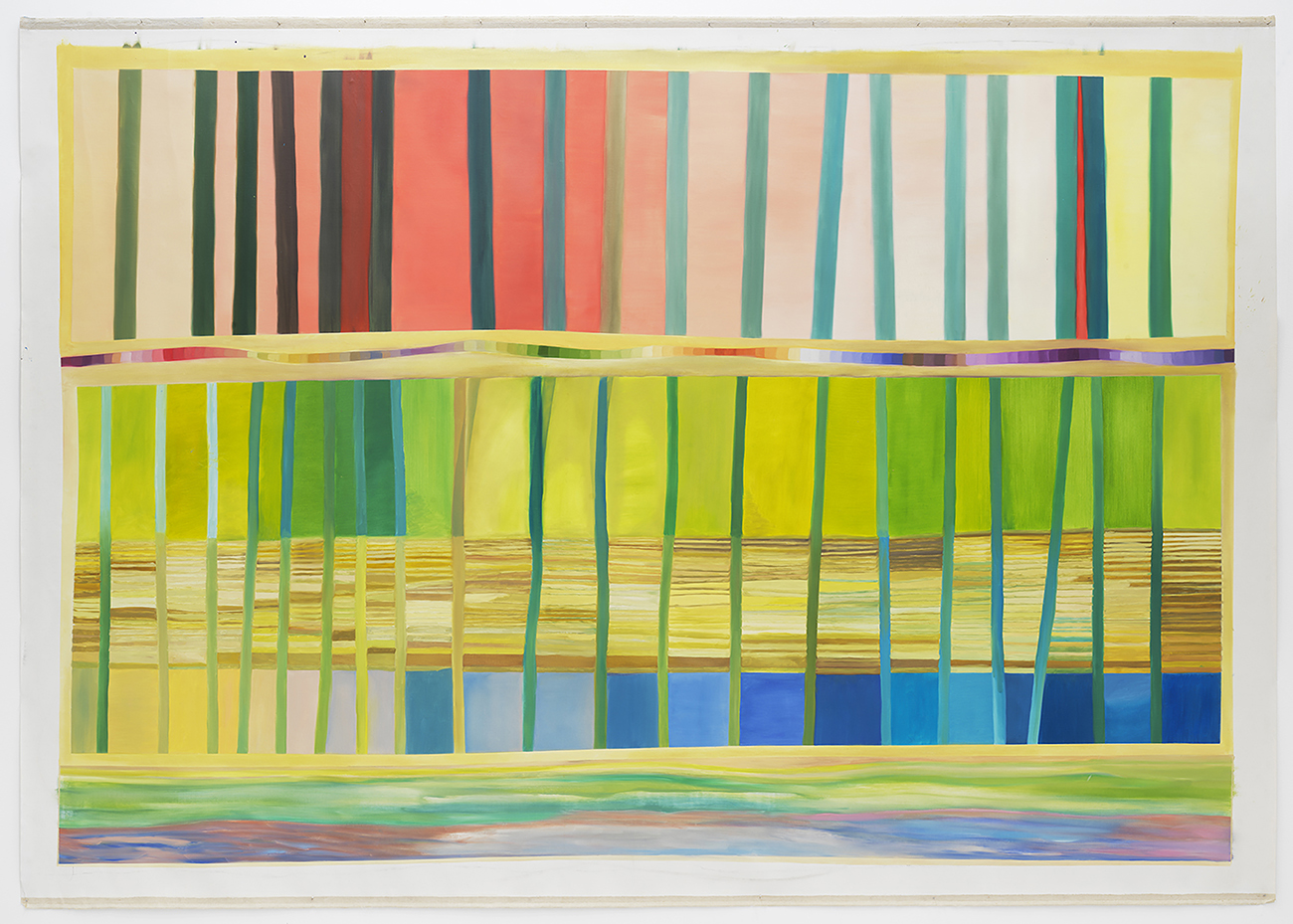 Large abstract painting with vertical bands of green, blue, pink, and yellow tones.