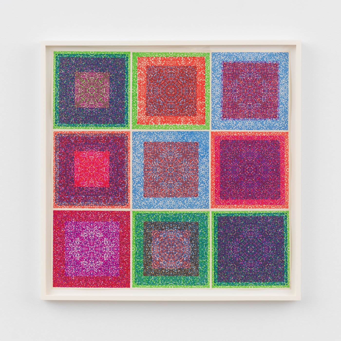 Nine colorful discrete kaleidoscope like units arranged into a square. Colors are almost neon.