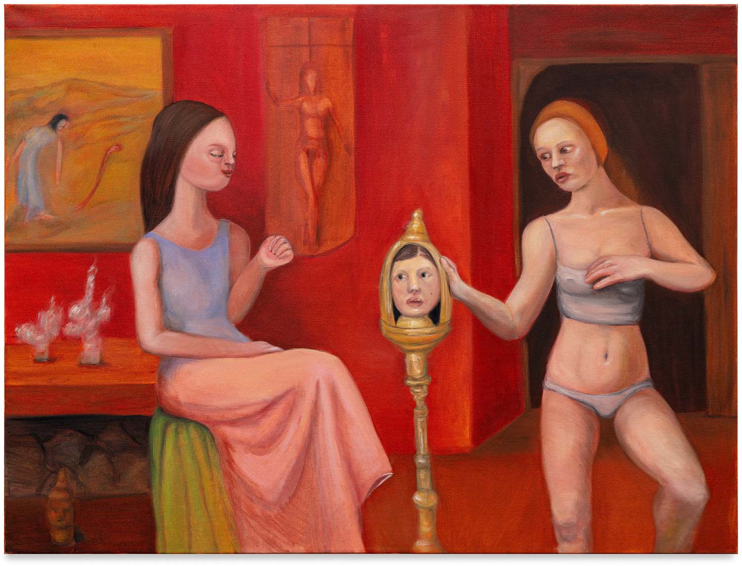 A painting of two women in a red room looking at a disembodied female face visible in a small cage-like structure between them.