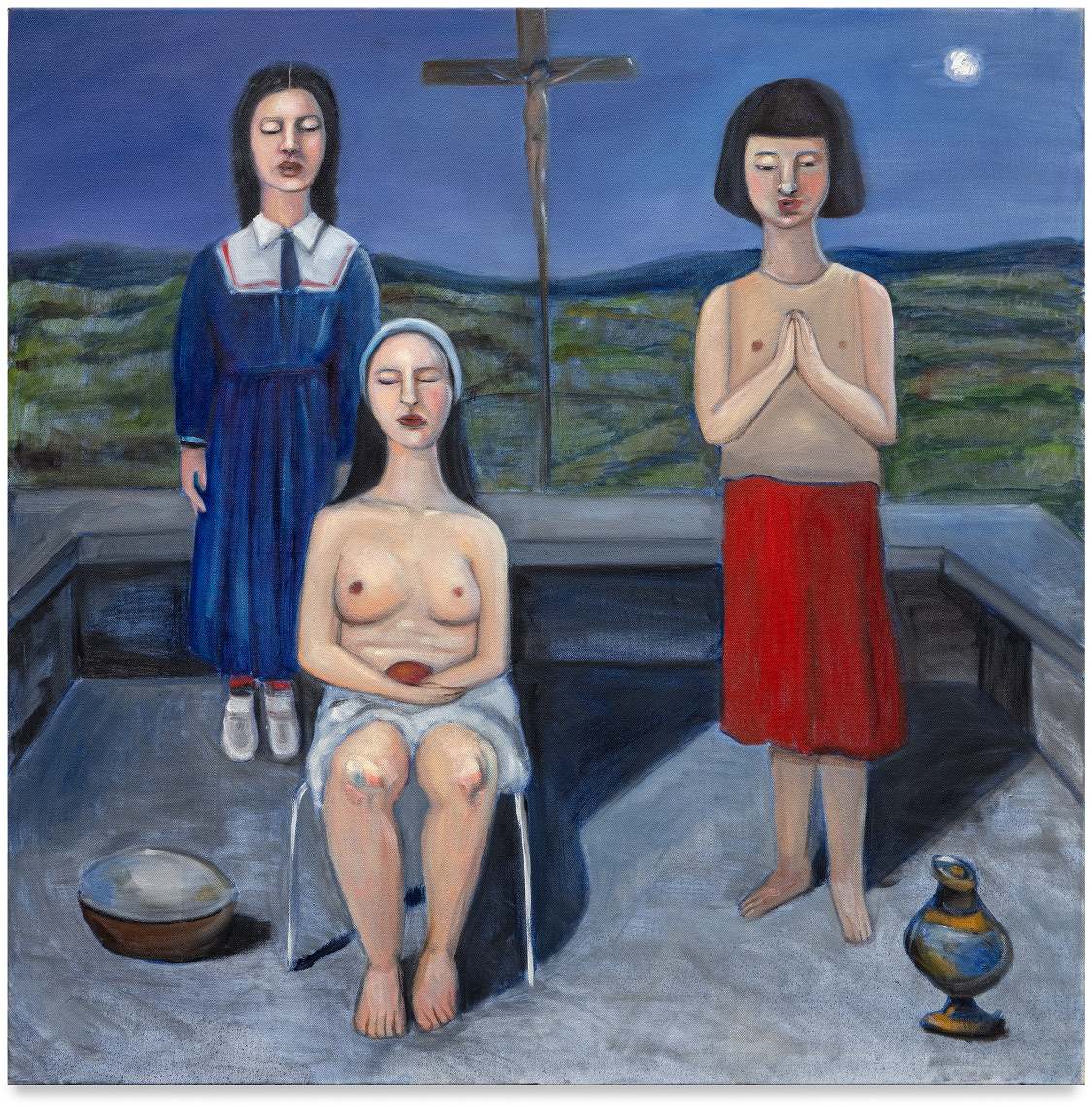 Three female figures are on a platform with a nighttime field landscape behind tem. One is in a bus dress and one is in a she shirt and red skirt, both stand. One is shirtless, sitting, and holding something red. Behind them stands a suspended crucifix.