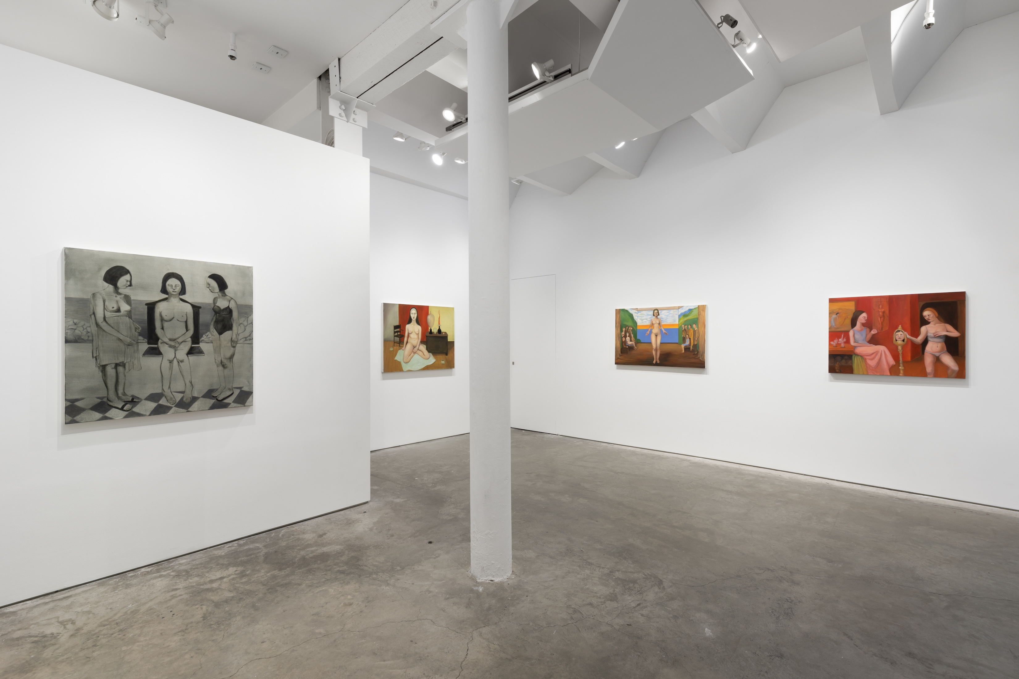 Gallery installation photo showing four paintings across three white walls.