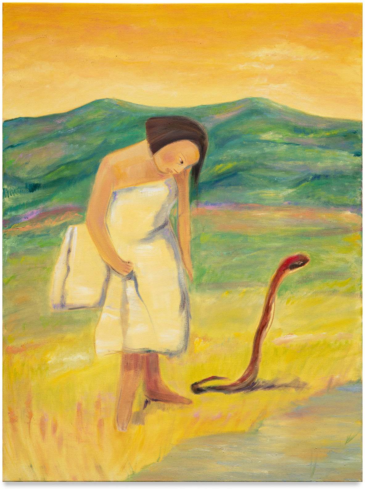 A landscape of green hills and a yellow sky with a standing female figure in the foreground looking at a red snake lifting its head rom the ground. The woman is in an all white dress.