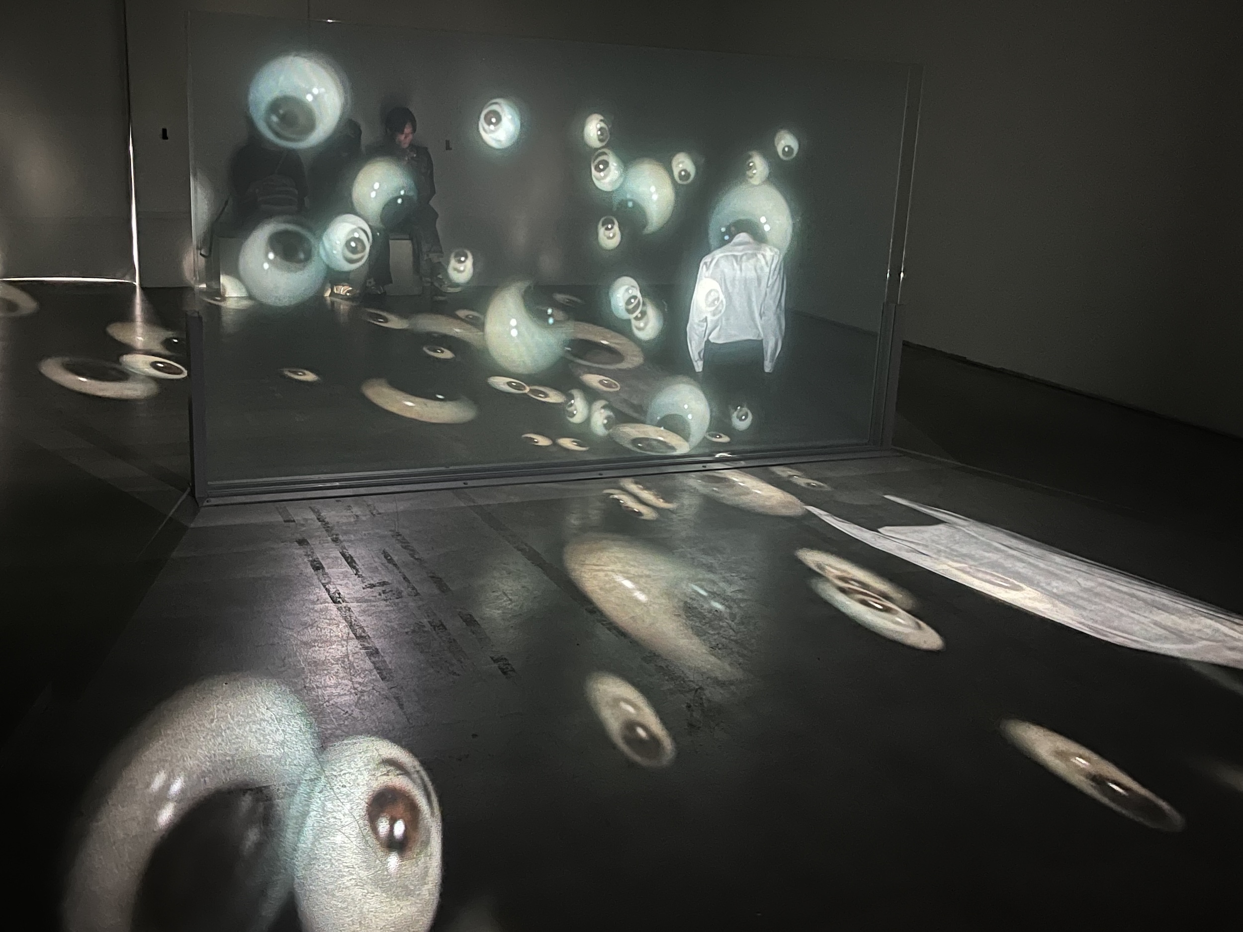 Immersive installation with projected floating eyeballs covering a transparent screen, walls, and floor in a darkened gallery.