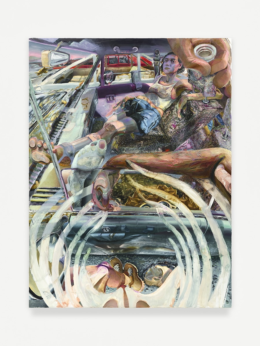 A dense, chaotic oil painting depicting figures amid a swirling, disorienting environment of vehicles, machinery, and fragmented body parts rendered in muted purples, flesh tones, and grays. The composition is tilted and layered, creating a sense of collision and flux.