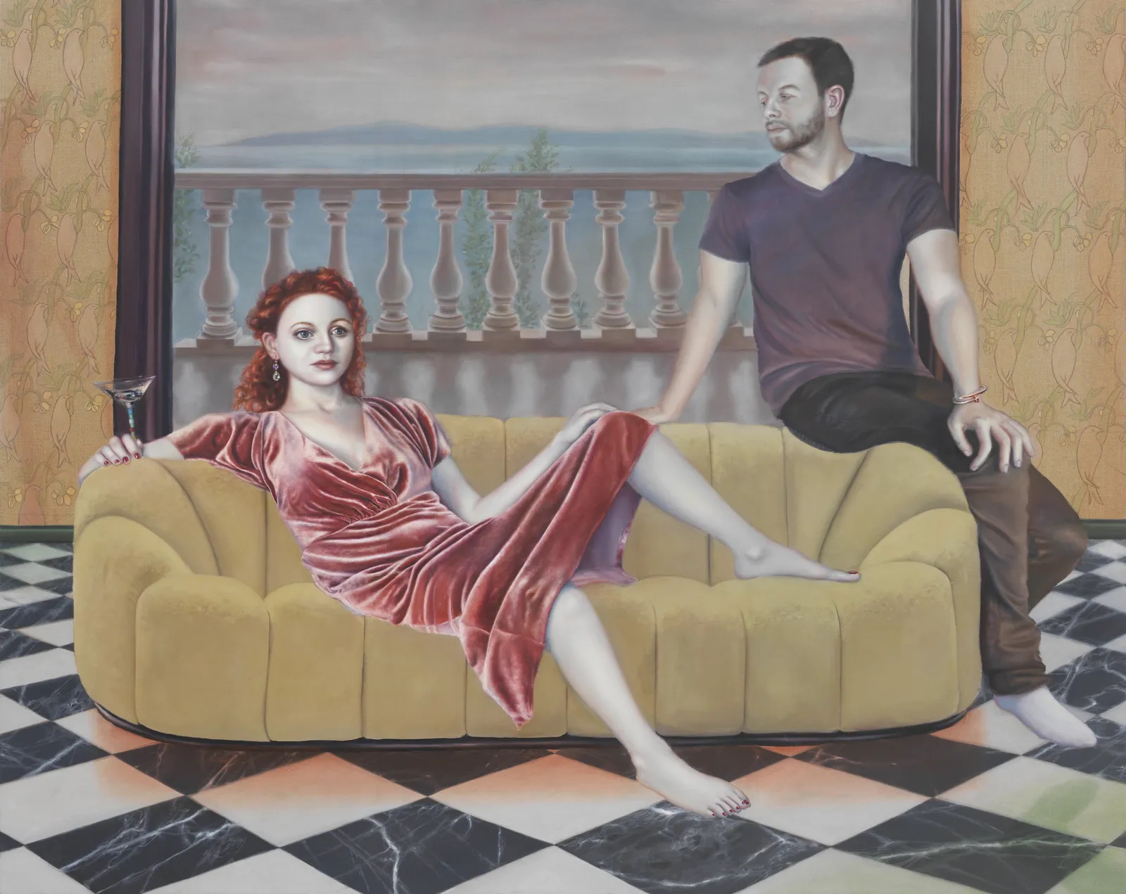 A meticulously rendered figurative painting depicting a red-haired woman in a pink velvet dress reclining on a golden sofa holding a martini glass, while a bearded man in a purple t-shirt sits on the sofa's arm. Behind them, a balustrade and landscape are visible through a window flanked by ornate wallpaper.